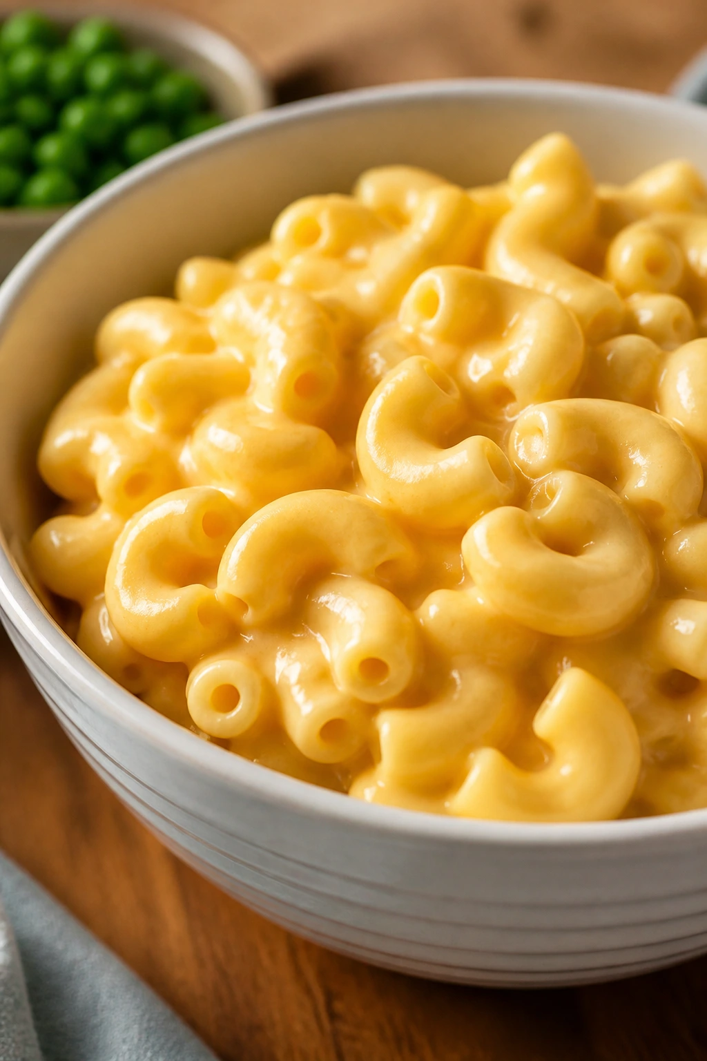 Creamy macaroni and cheese in a bowl with mild peas