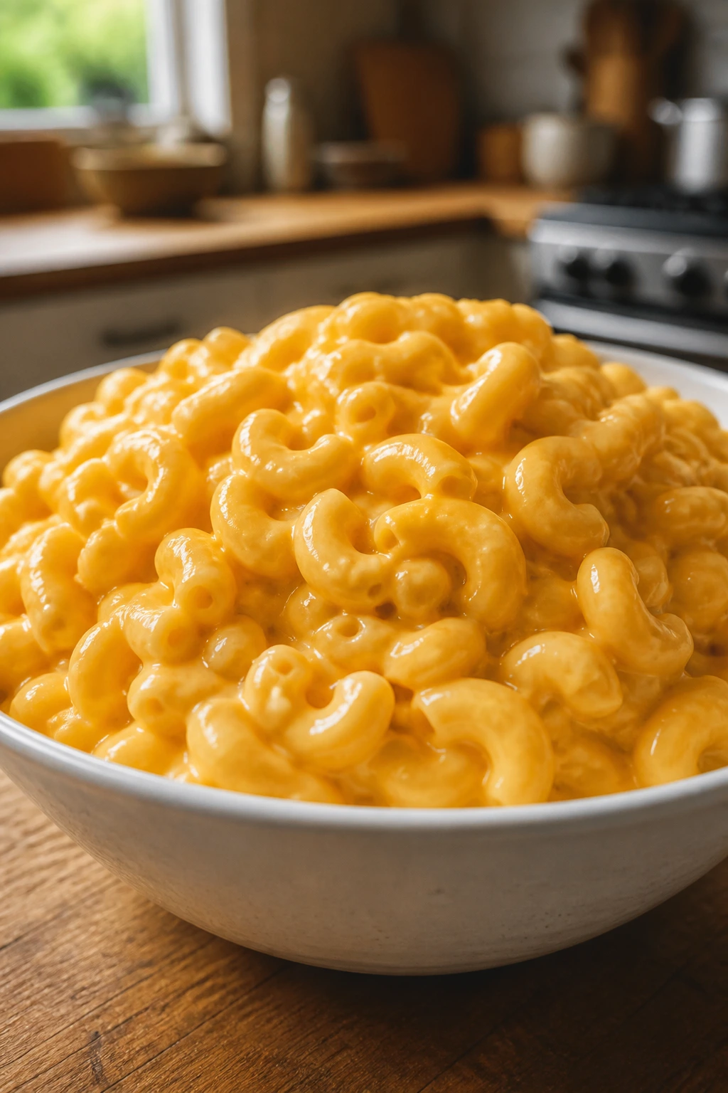 Close-up of creamy mac and cheese in a bowl with cheddar sauce