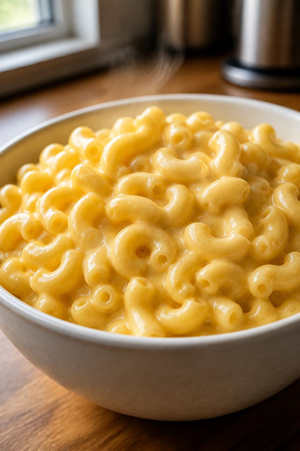 Creamy mac and cheese in a white bowl with smooth cheese sauce.