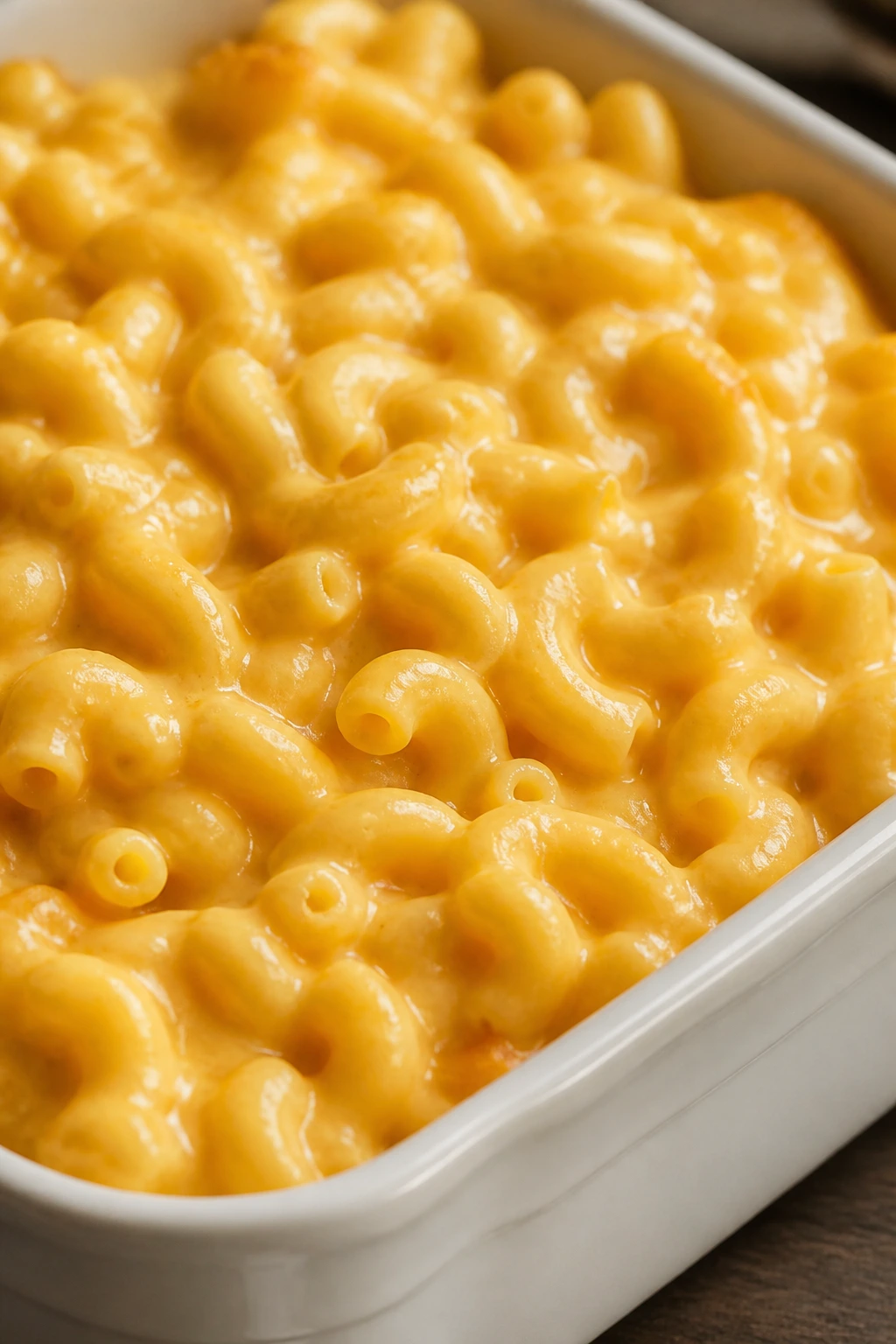 Close-up of creamy macaroni and cheddar cheese in a dish