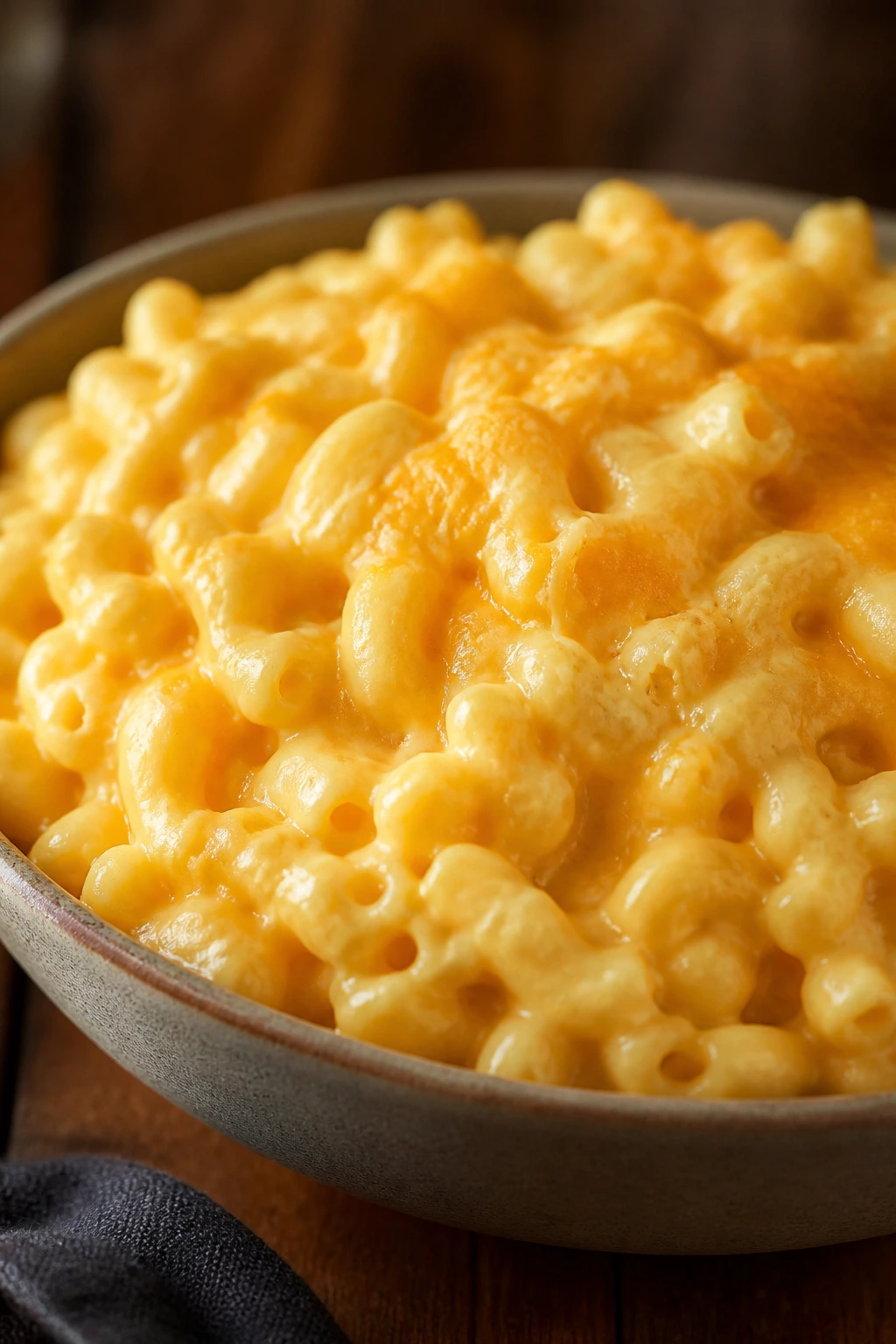 Close-up of creamy mac and cheese in a serving bowl