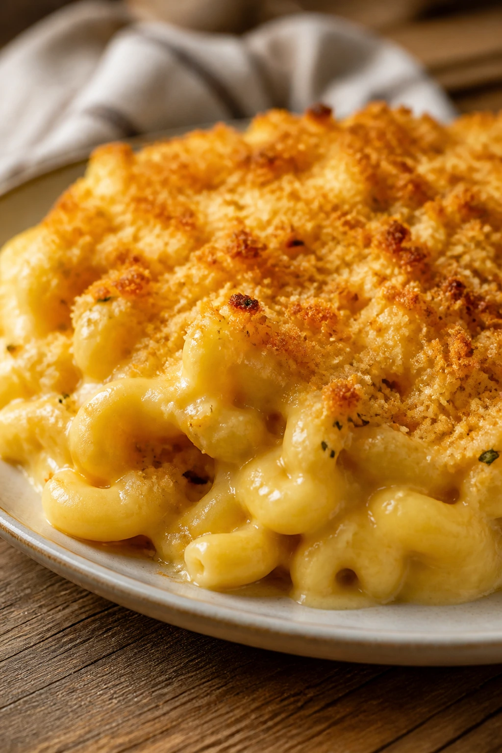 Creamy macaroni and cheese with toasted crumb topping on plate
