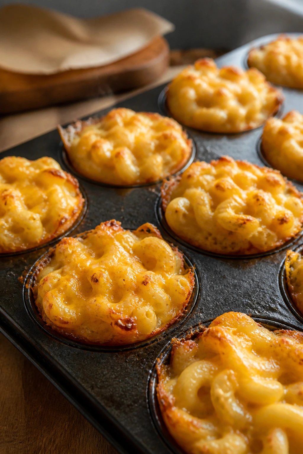 Close-up of baked mac and cheese cups with crispy edges in a muffin tin on a warm kitchen counter