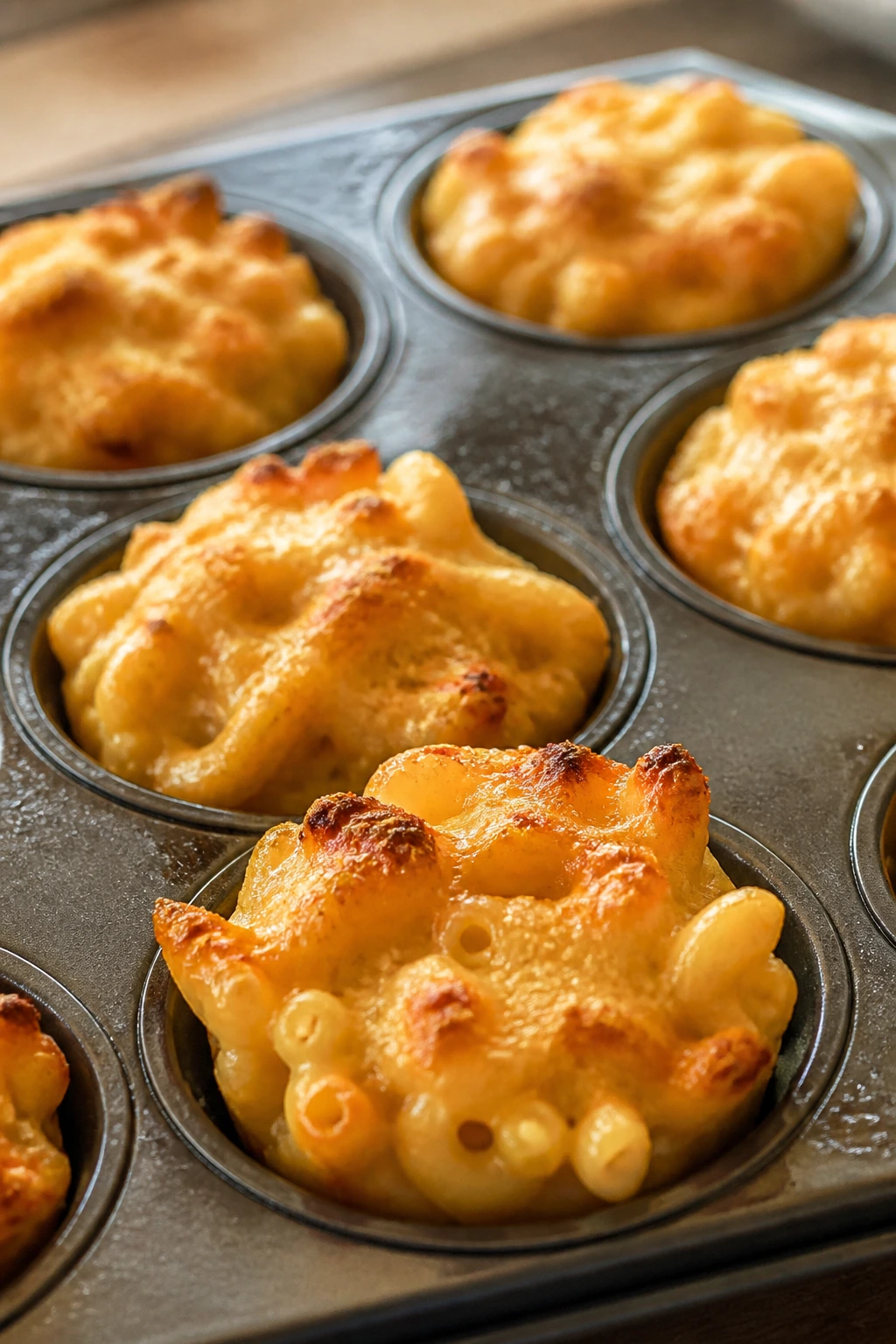 Mac and cheese cups baked in muffin tin with golden tops
