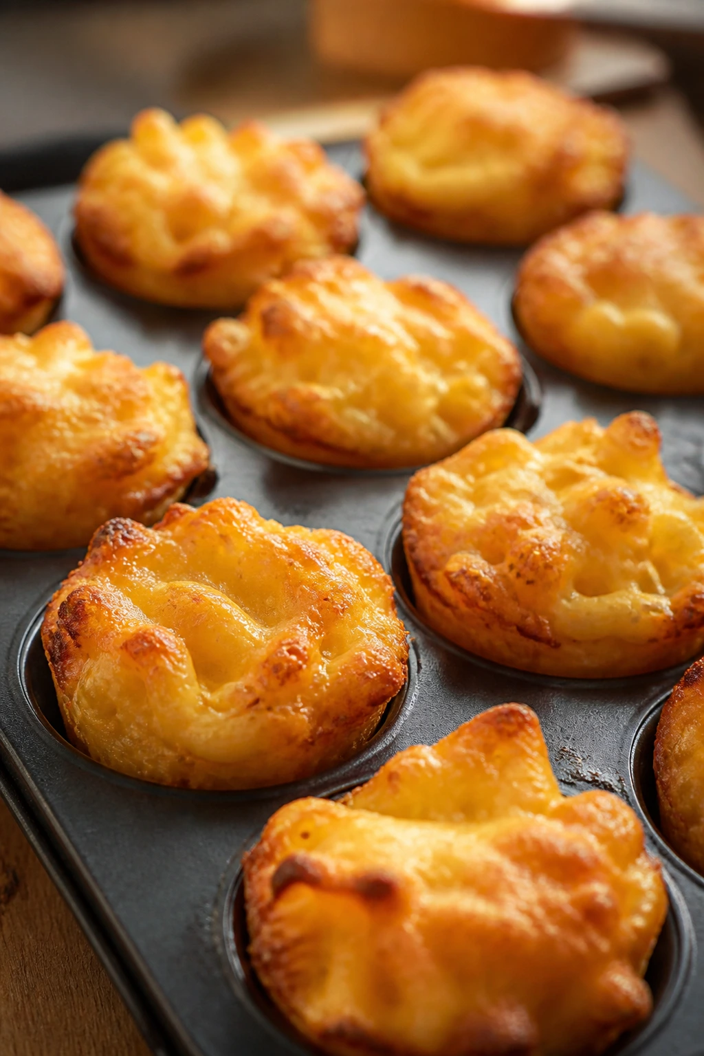 Close-up of baked mac and cheese cups in a muffin tin on a kitchen counter