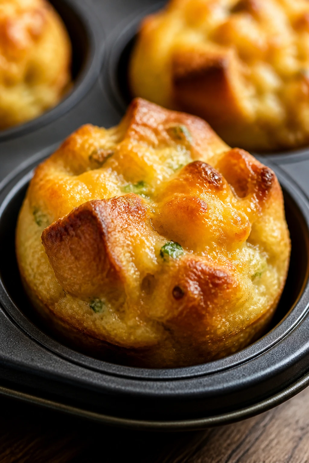 Single muffin-tin cheese bite dominating the frame