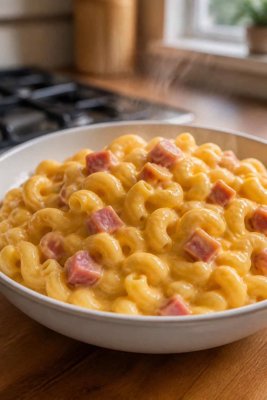 Creamy stovetop ham macaroni and cheese in a bowl