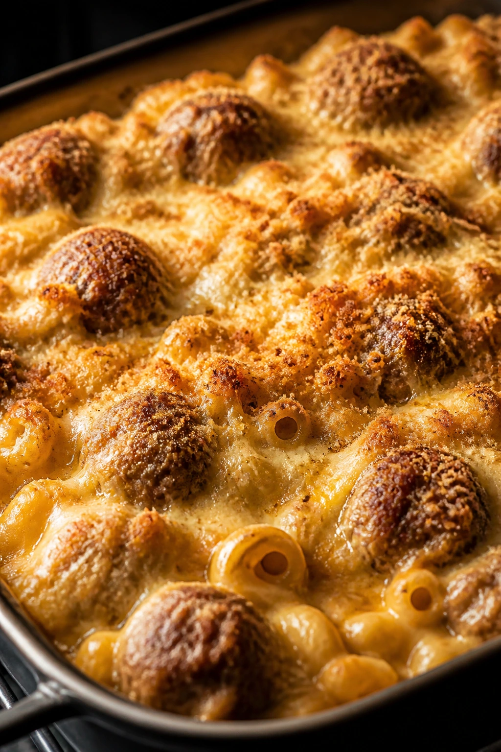 Cheesy meatball macaroni and cheese in a baking dish