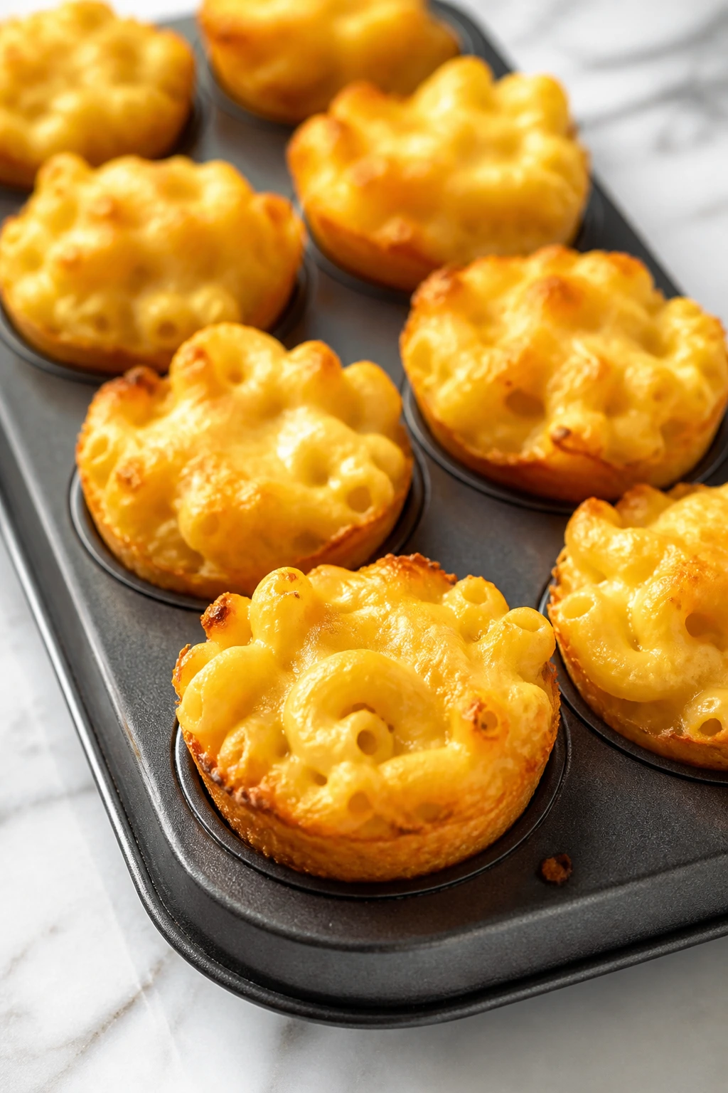 Golden mac and cheese muffin bites in a mini muffin tin