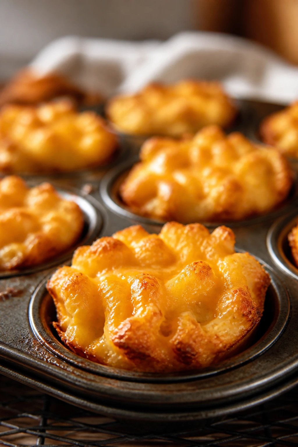 Close-up of browned mac and cheese muffin cups in tin