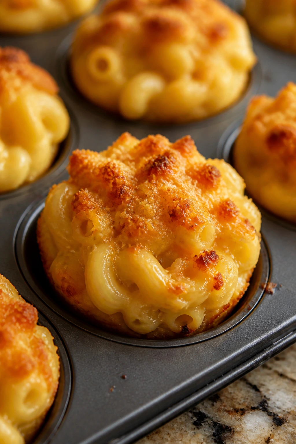Close-up of golden mac and cheese muffins in a muffin tin on a warm kitchen counter