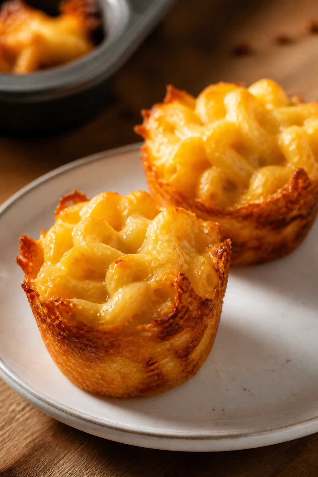 Close-up of baked mac and cheese muffins with crispy edges