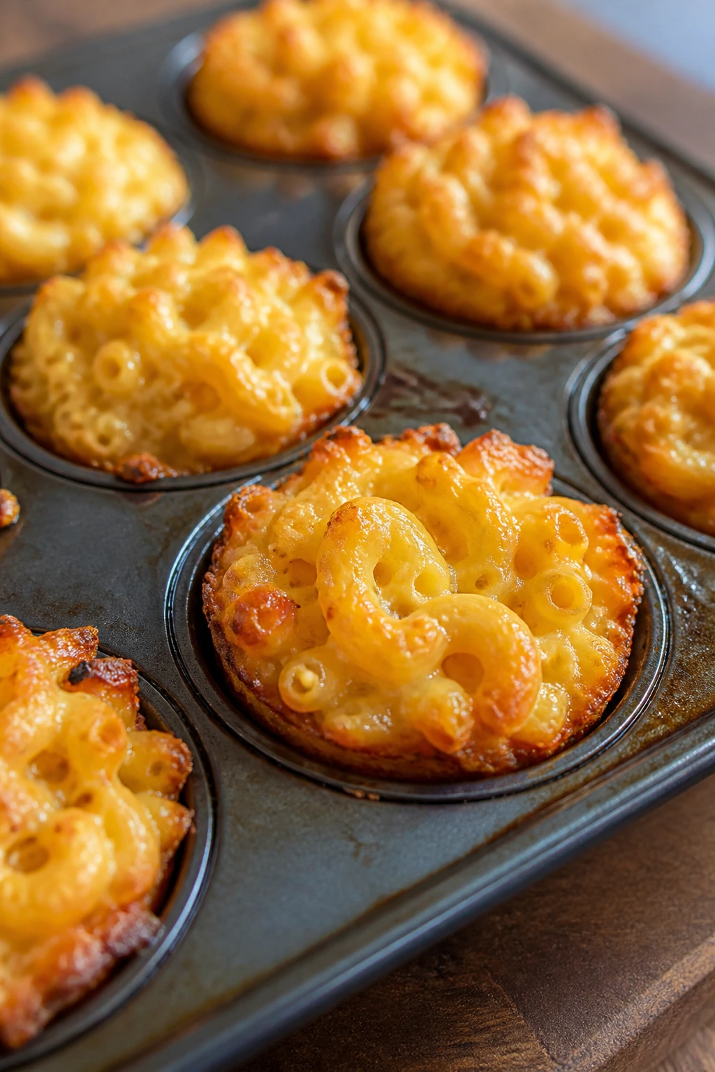 Close-up of Mac and Cheese Muffins in muffin tin with golden tops on a warm kitchen counter