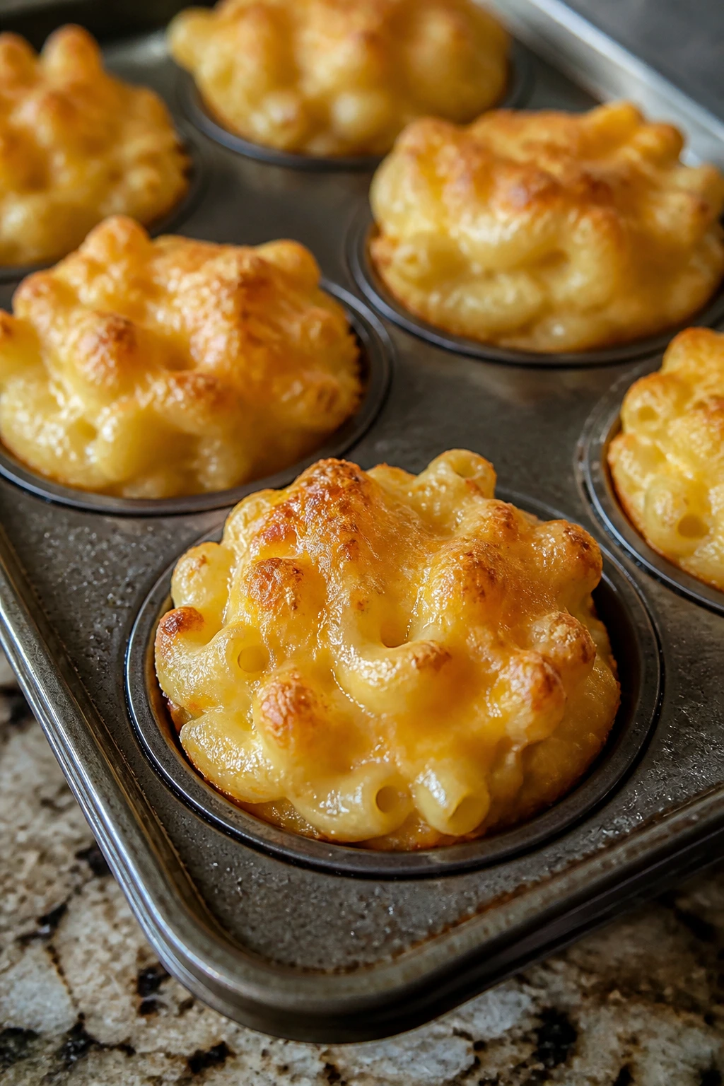 Close-up of Mini Mac and Cheese Muffins in a muffin tin