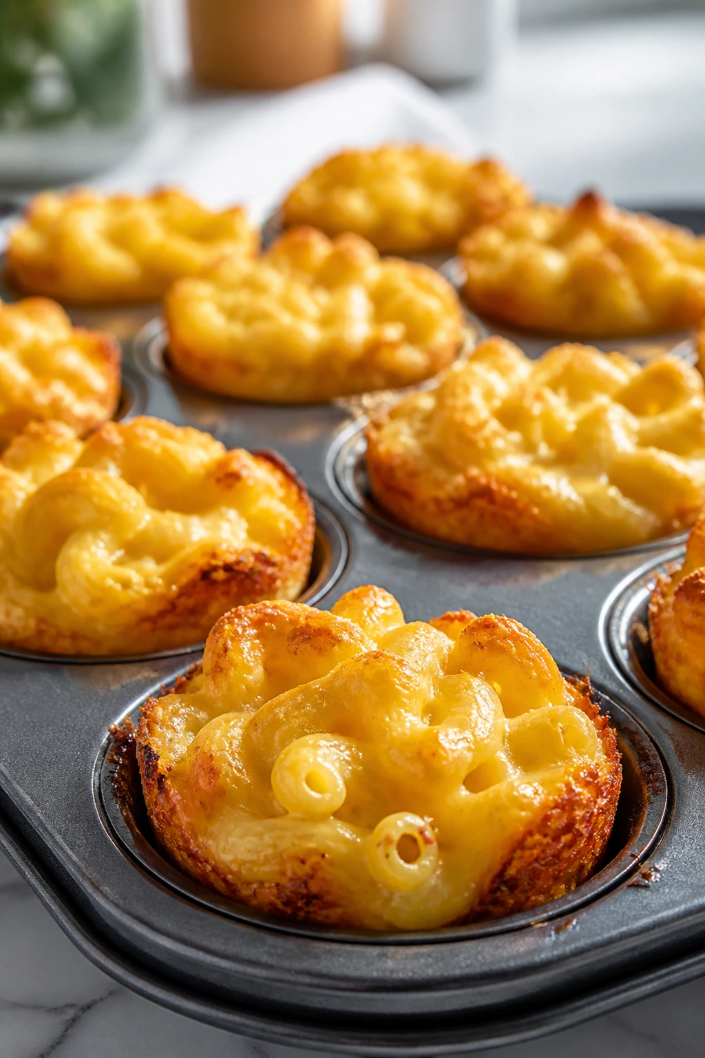Close-up of mac and cheese muffin cups in a muffin tin