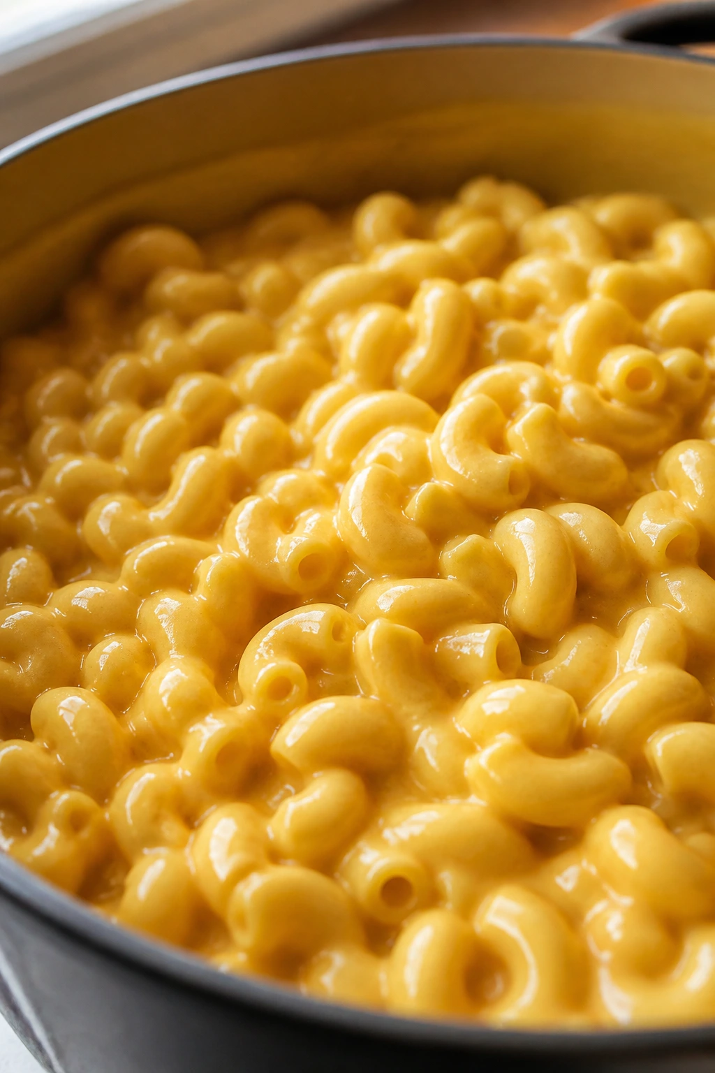 Creamy elbow macaroni and cheddar sauce in a large pot.