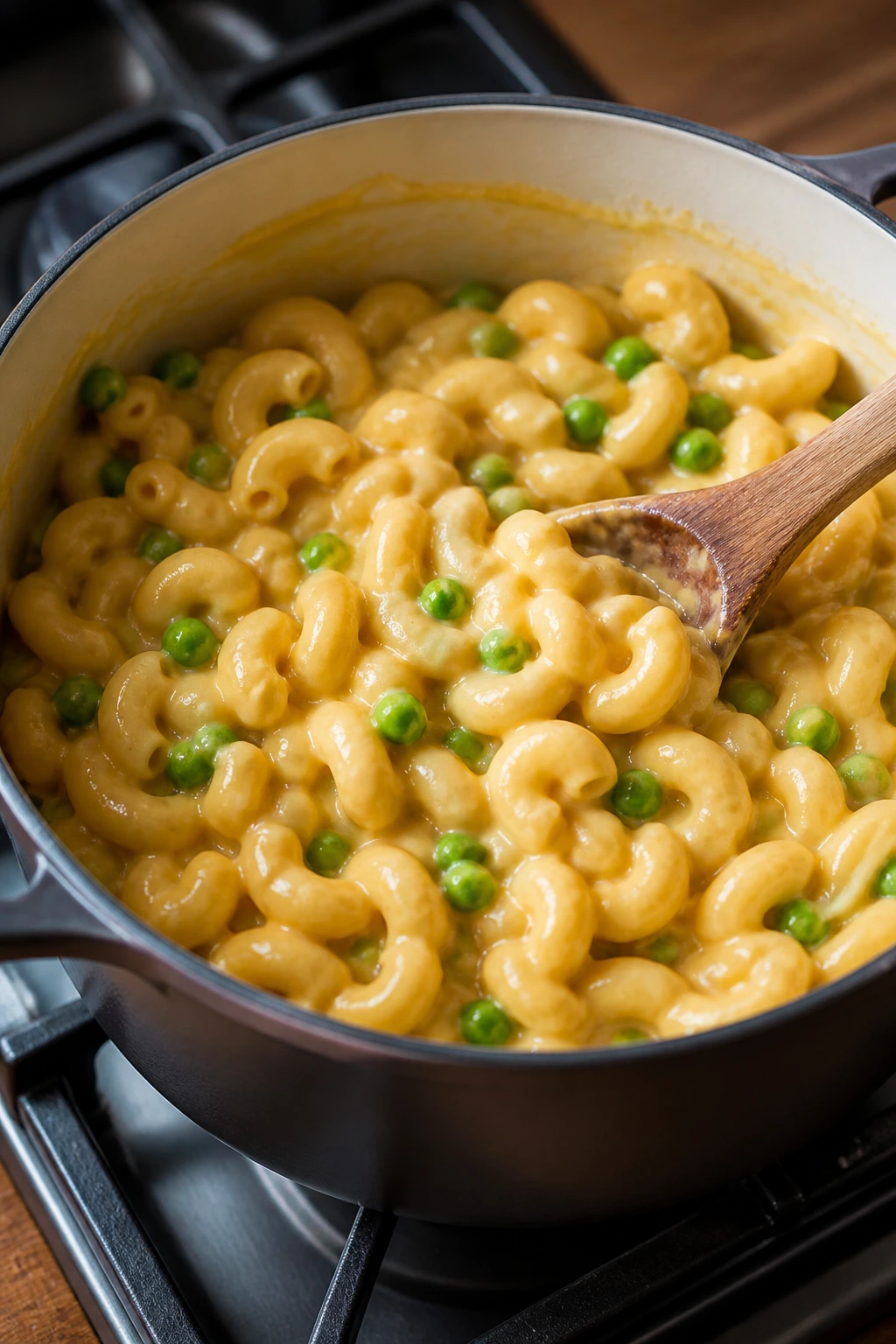 Creamy macaroni and peas in a pot