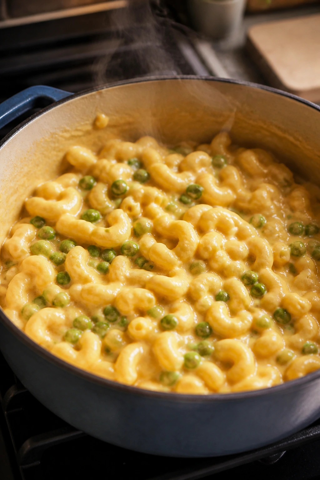Creamy one-pot mac and cheese with peas in a rustic pot