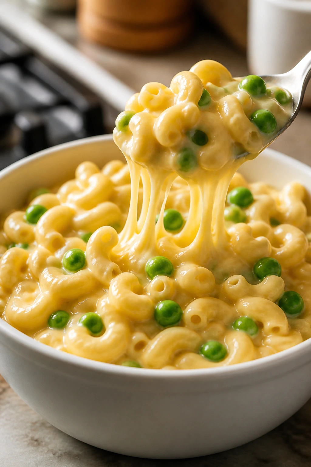 Creamy macaroni and cheese with peas in a bowl