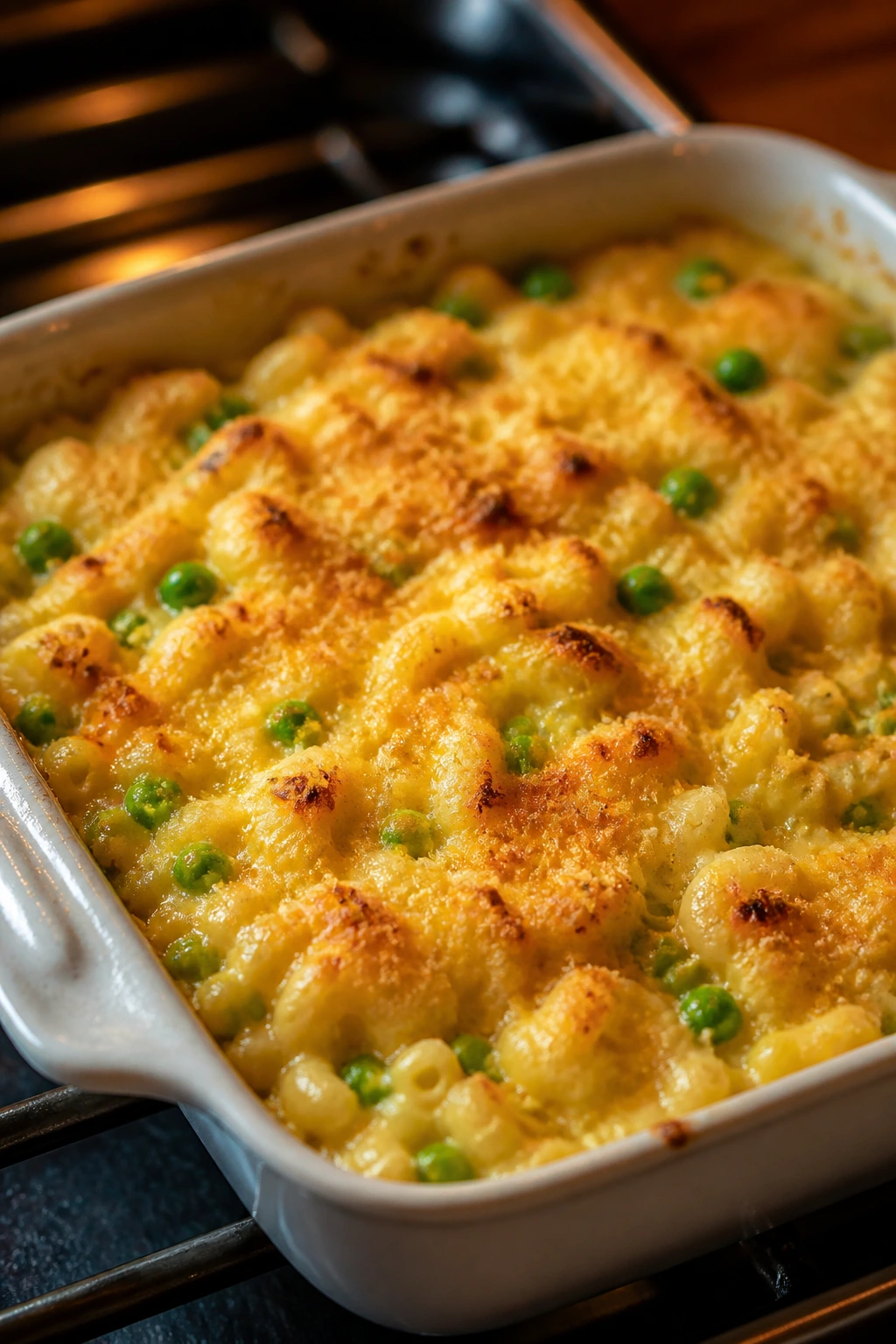 Baked macaroni and cheese with peas in a baking dish
