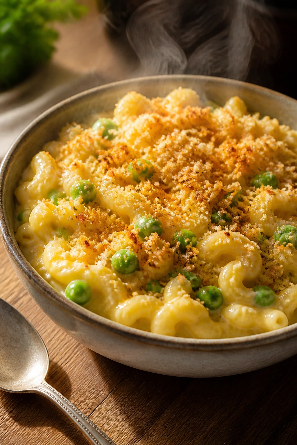 Creamy macaroni and cheese with peas and crispy breadcrumbs in a warm kitchen