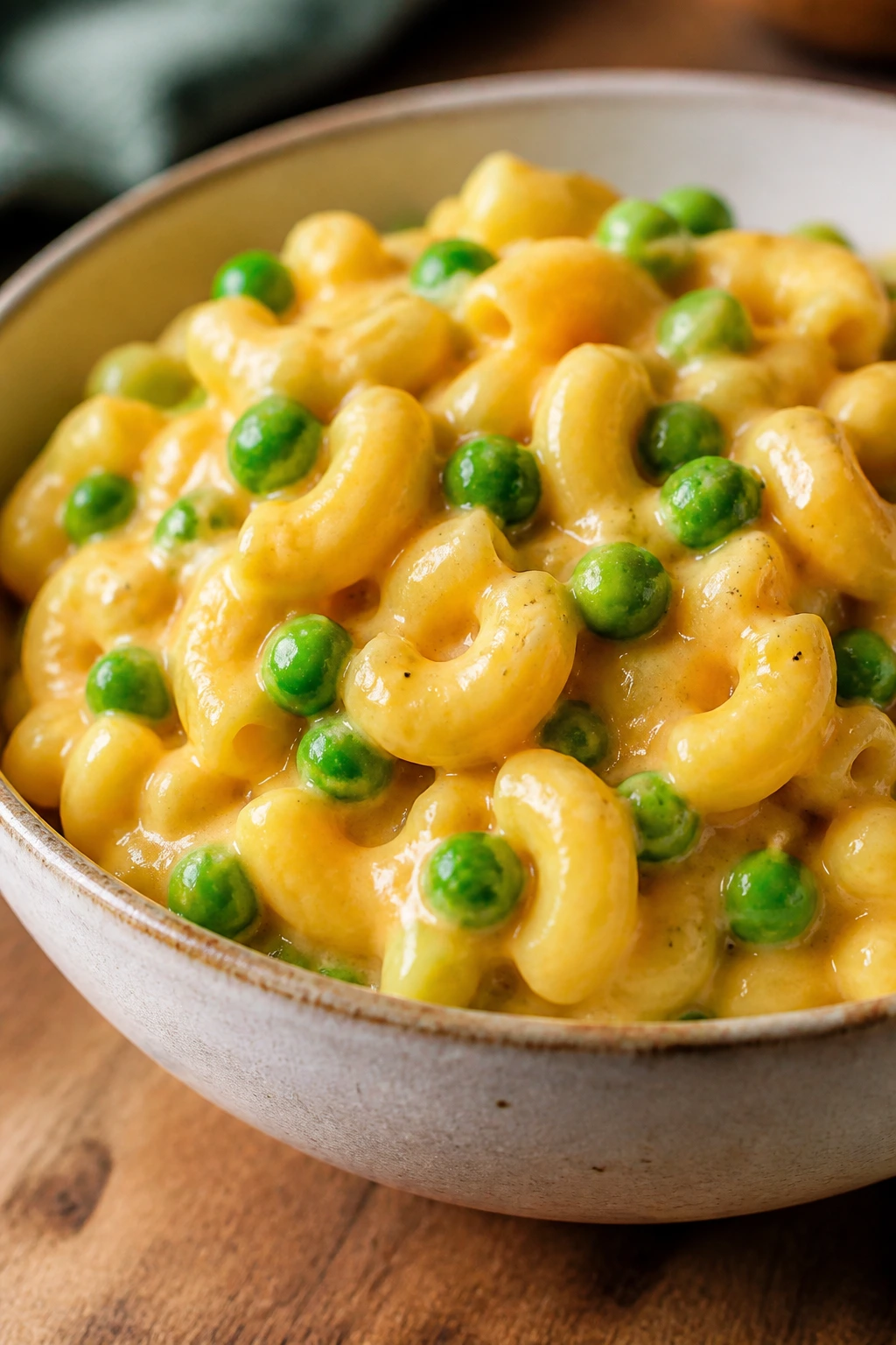 Close-up of Mac and Cheese with Peas in a bowl