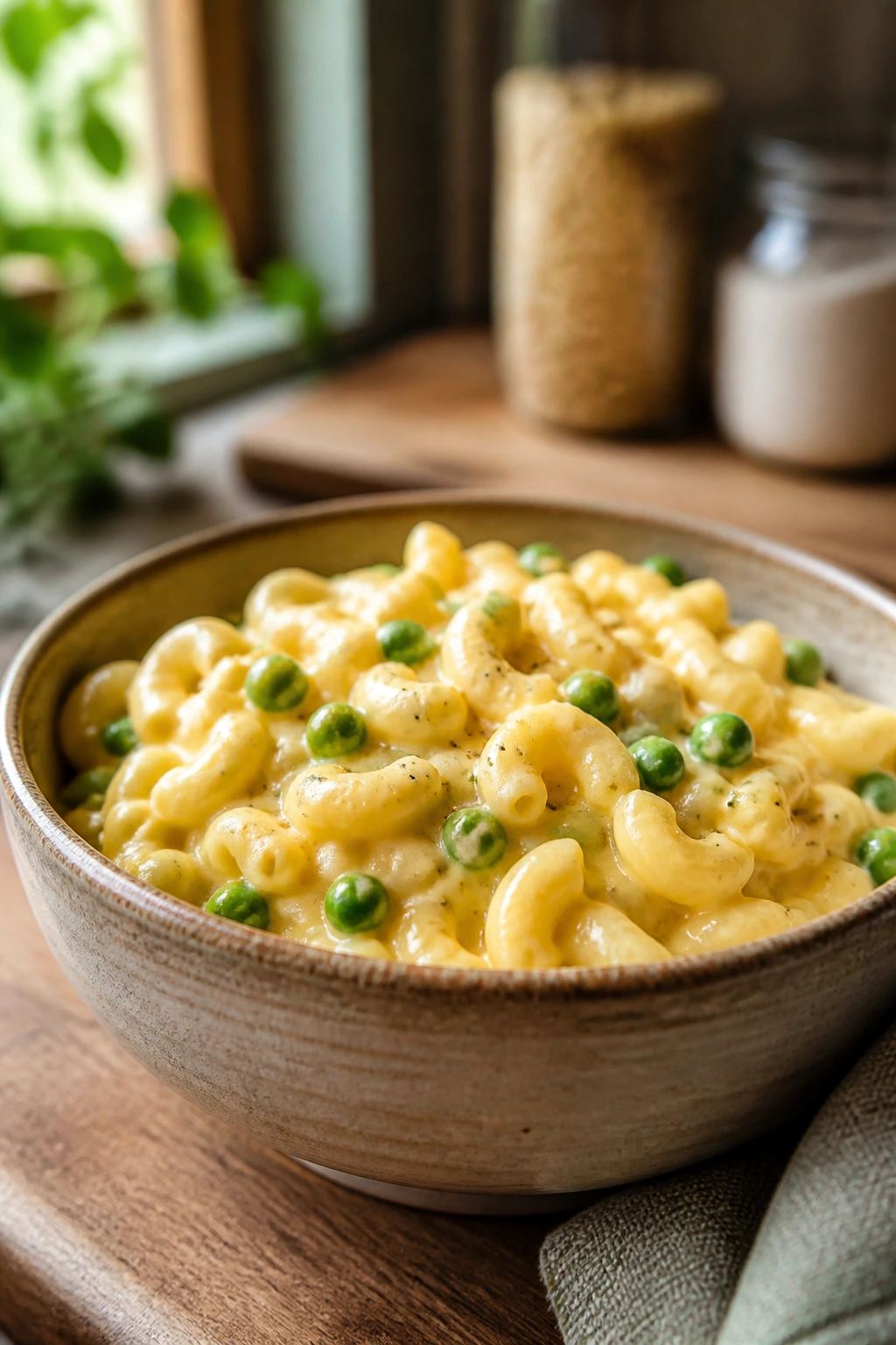 Creamy macaroni and cheese with peas and Dijon in a bowl.