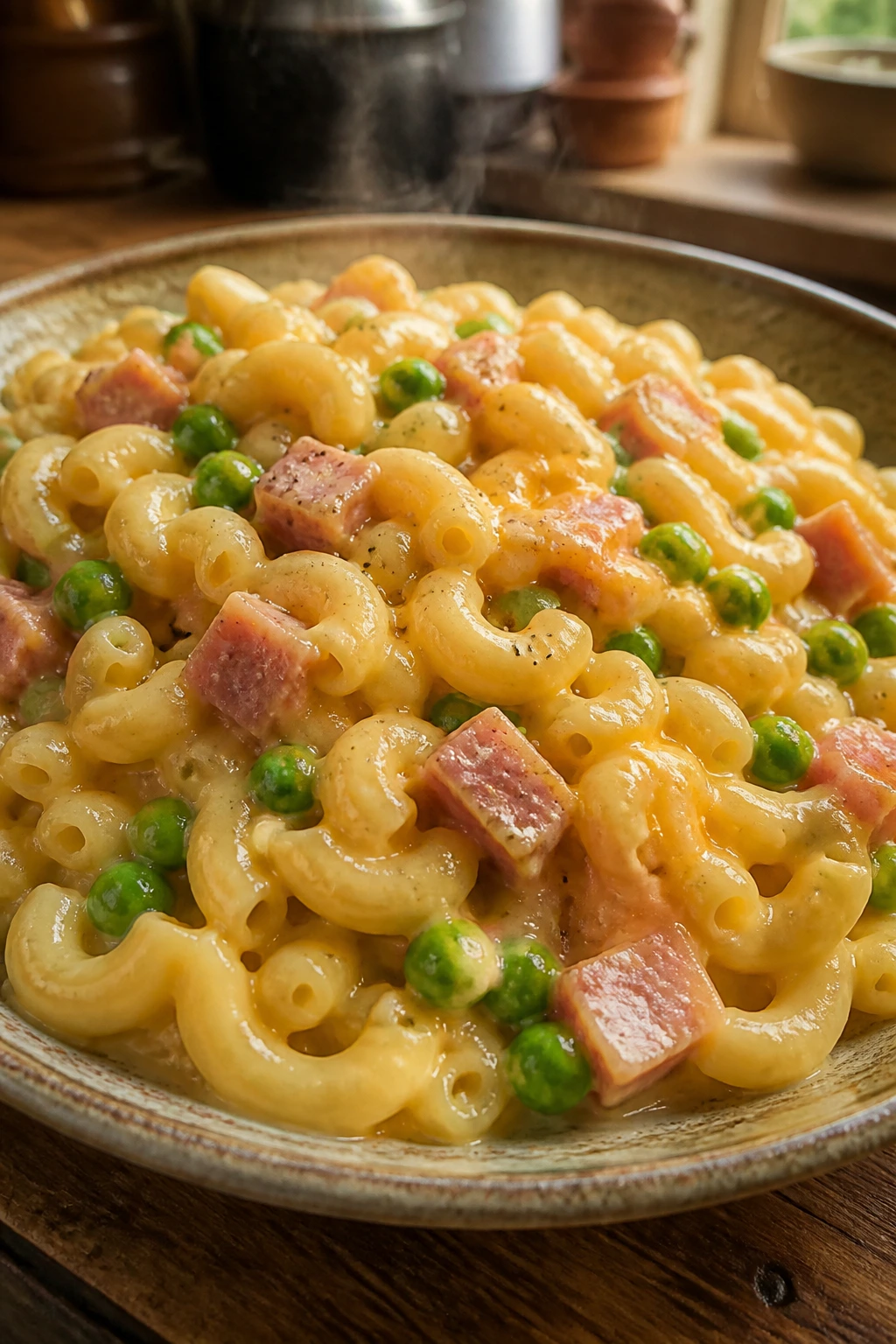Creamy macaroni and cheese with peas and ham in a bowl
