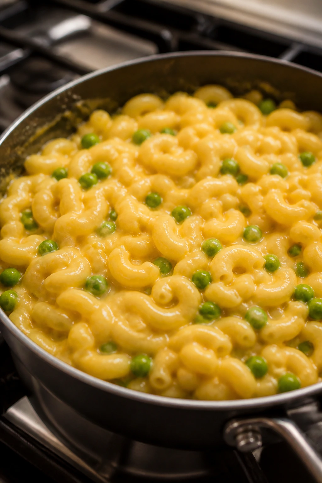 Creamy macaroni and cheese with peas on the stovetop