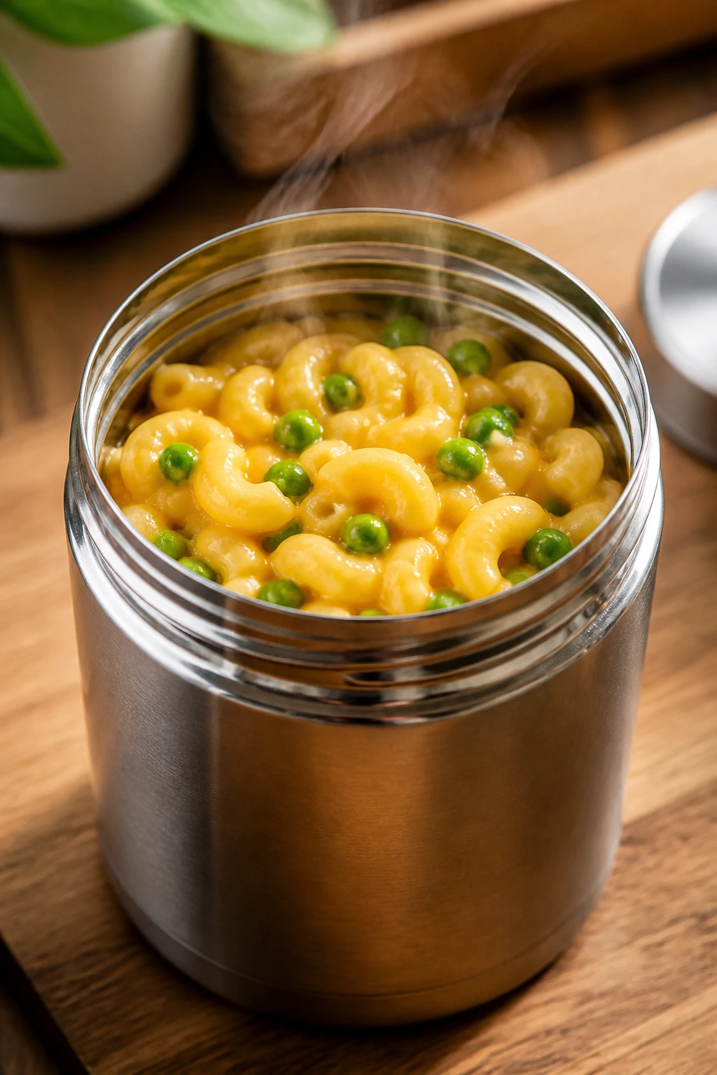 Close-up of hot mac and cheese with peas inside a thermos