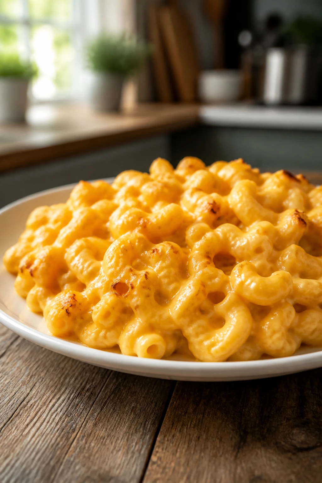 Close-up of a plate of macaroni and cheese with browned edges and creamy sauce on a wooden table