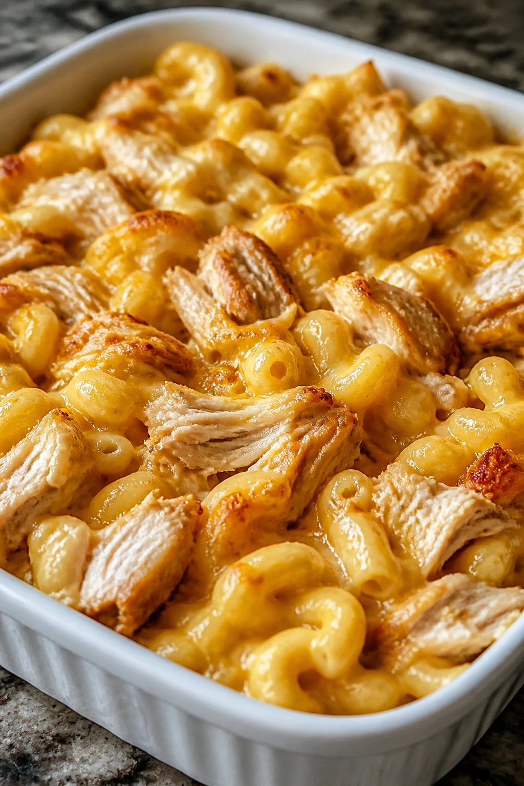 Creamy macaroni and cheese with rotisserie chicken in a bowl