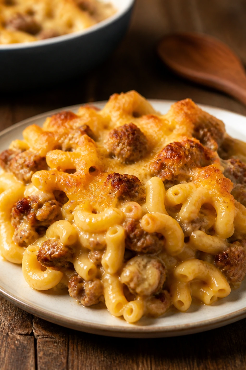 Close-up of creamy macaroni and cheese with sausage and cheddar