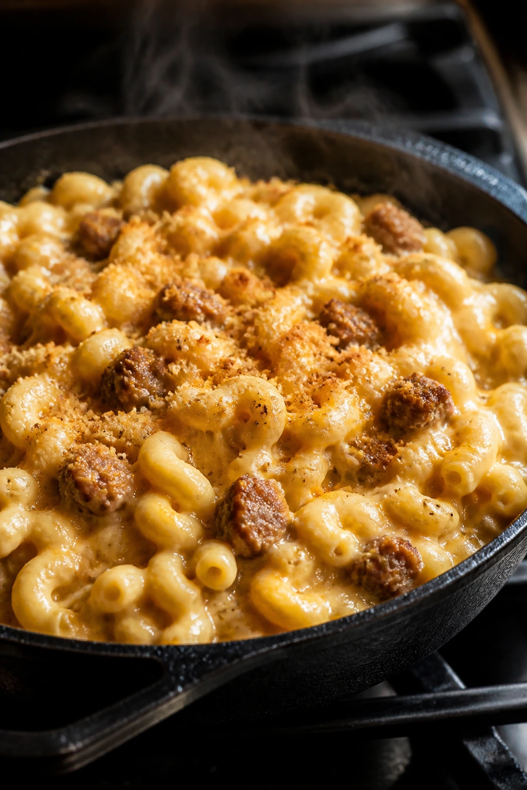 Creamy mac and cheese with sausage in cast iron skillet