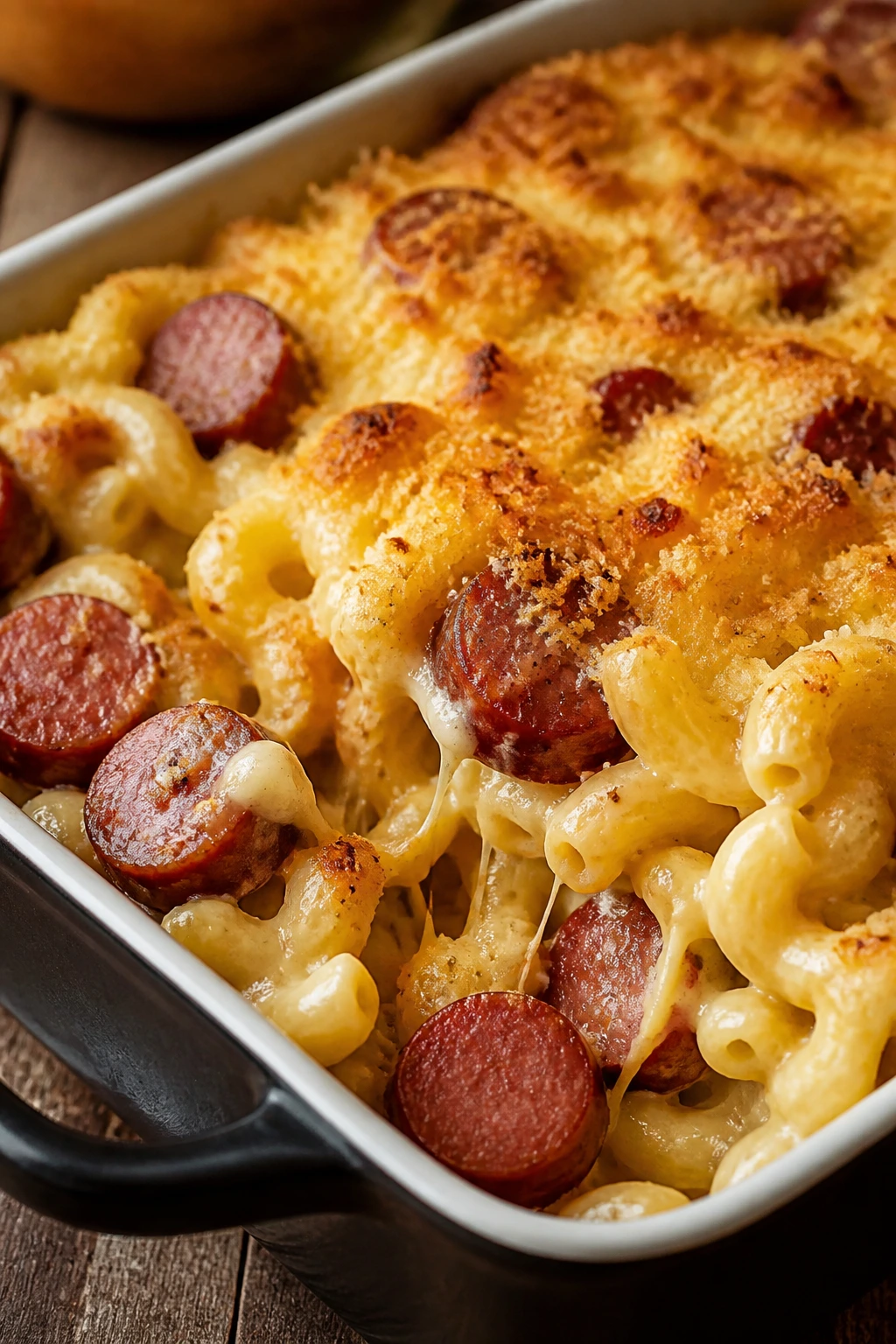 Close-up of creamy mac and cheese with smoked sausage in a baking dish.