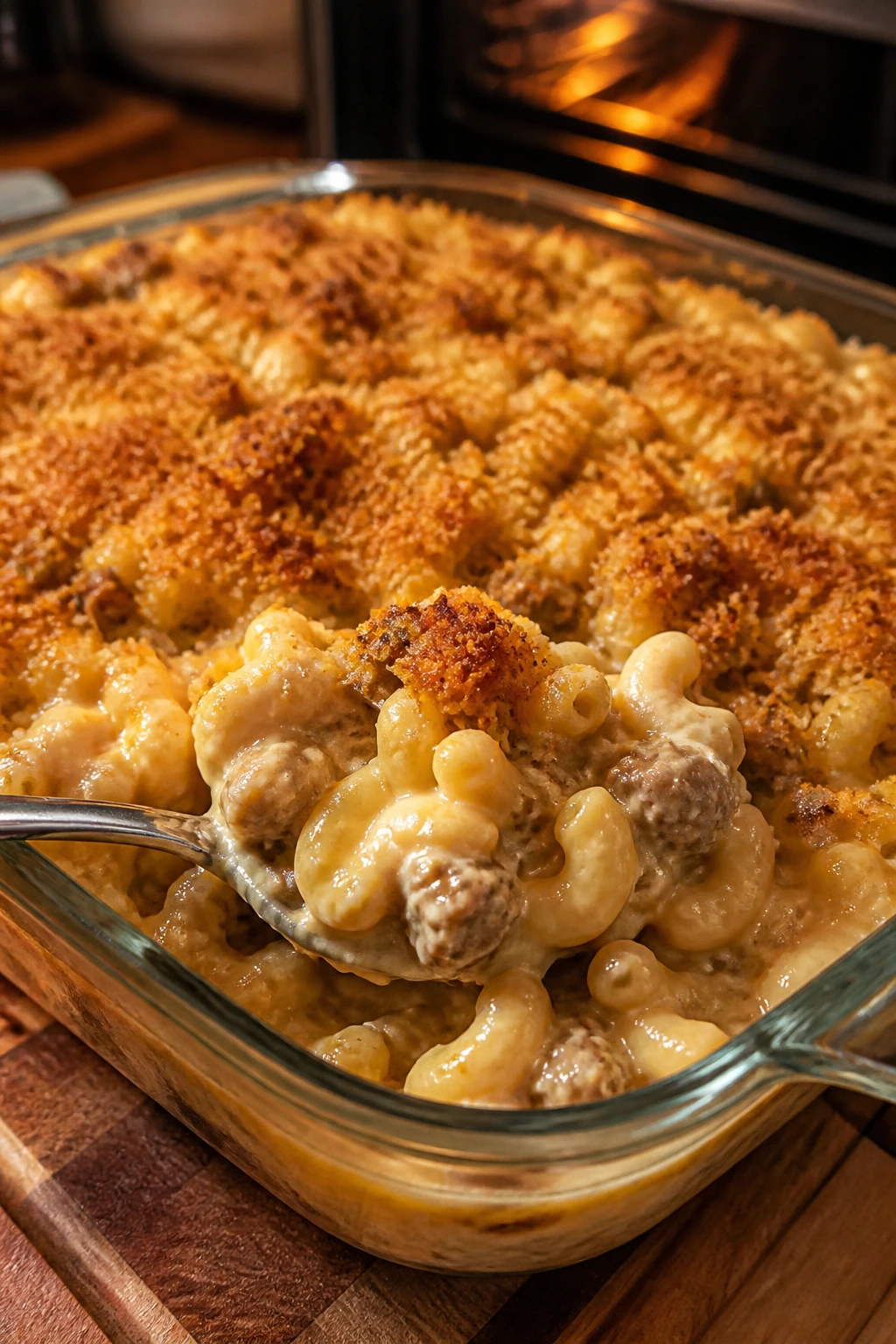 Close-up of baked sausage macaroni and cheese