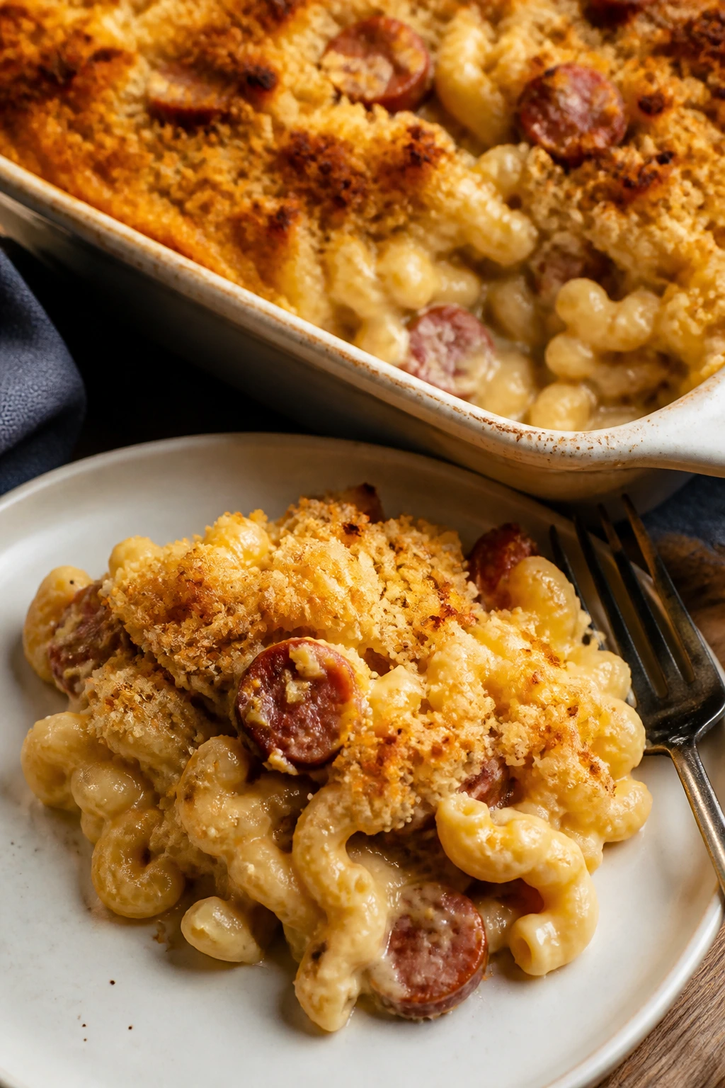 Creamy macaroni and cheese with smoked sausage and a golden breadcrumb top