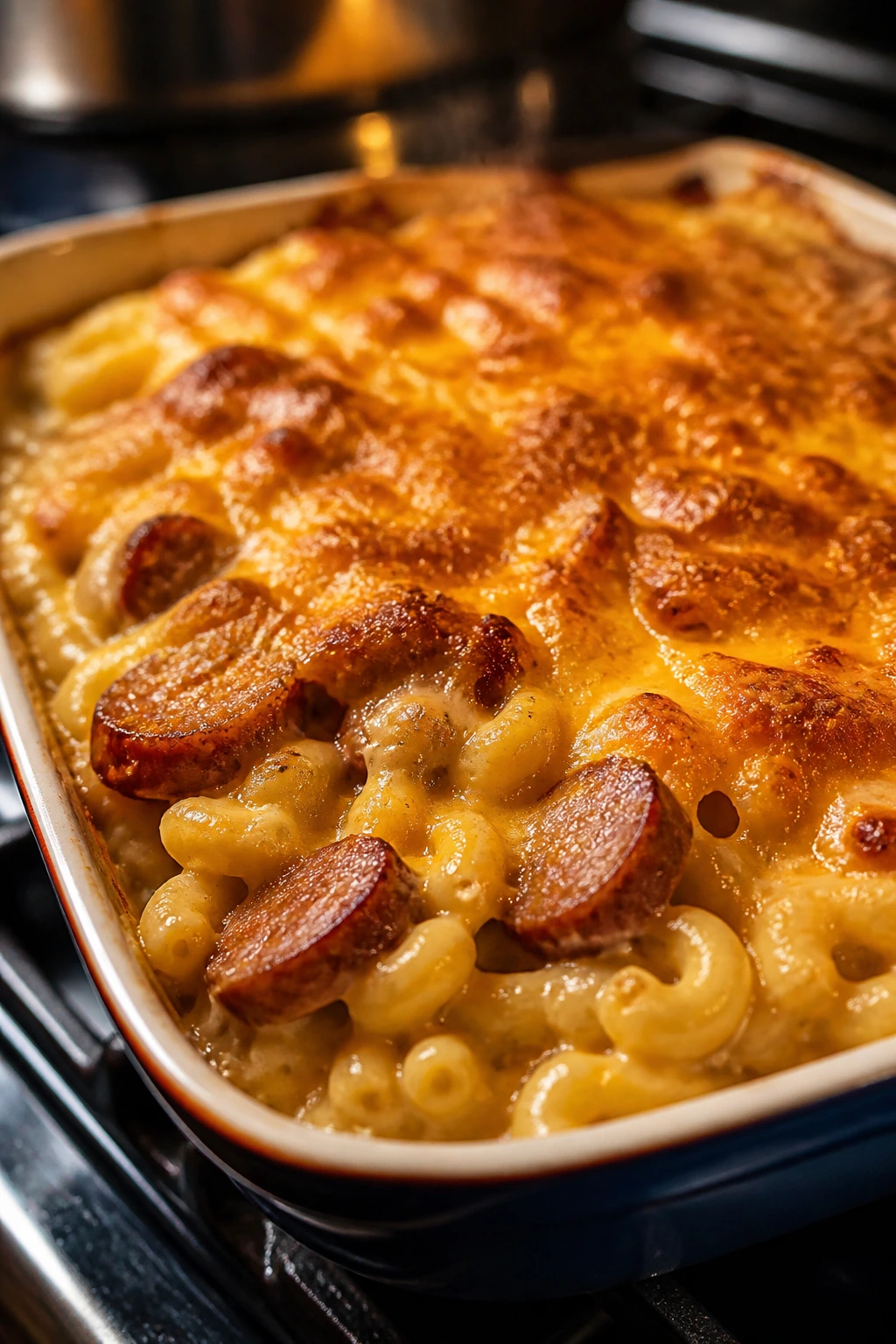 Bubbly baked mac and cheese with smoked sausage in a baking dish