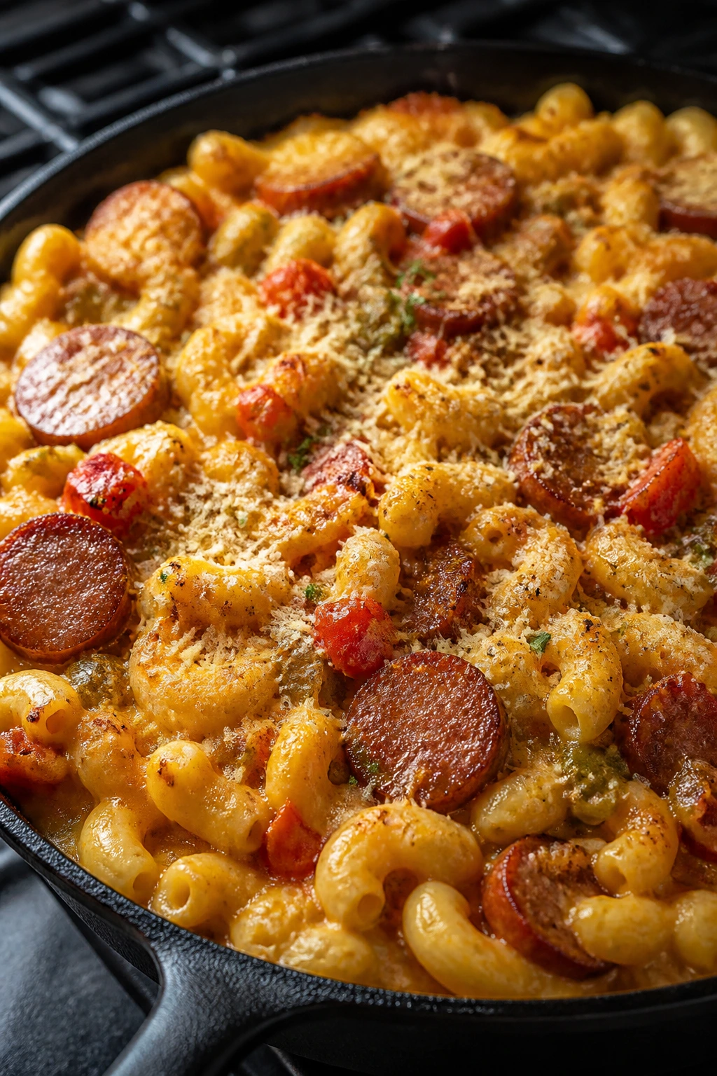 Creamy Cajun smoked sausage mac and cheese in a skillet
