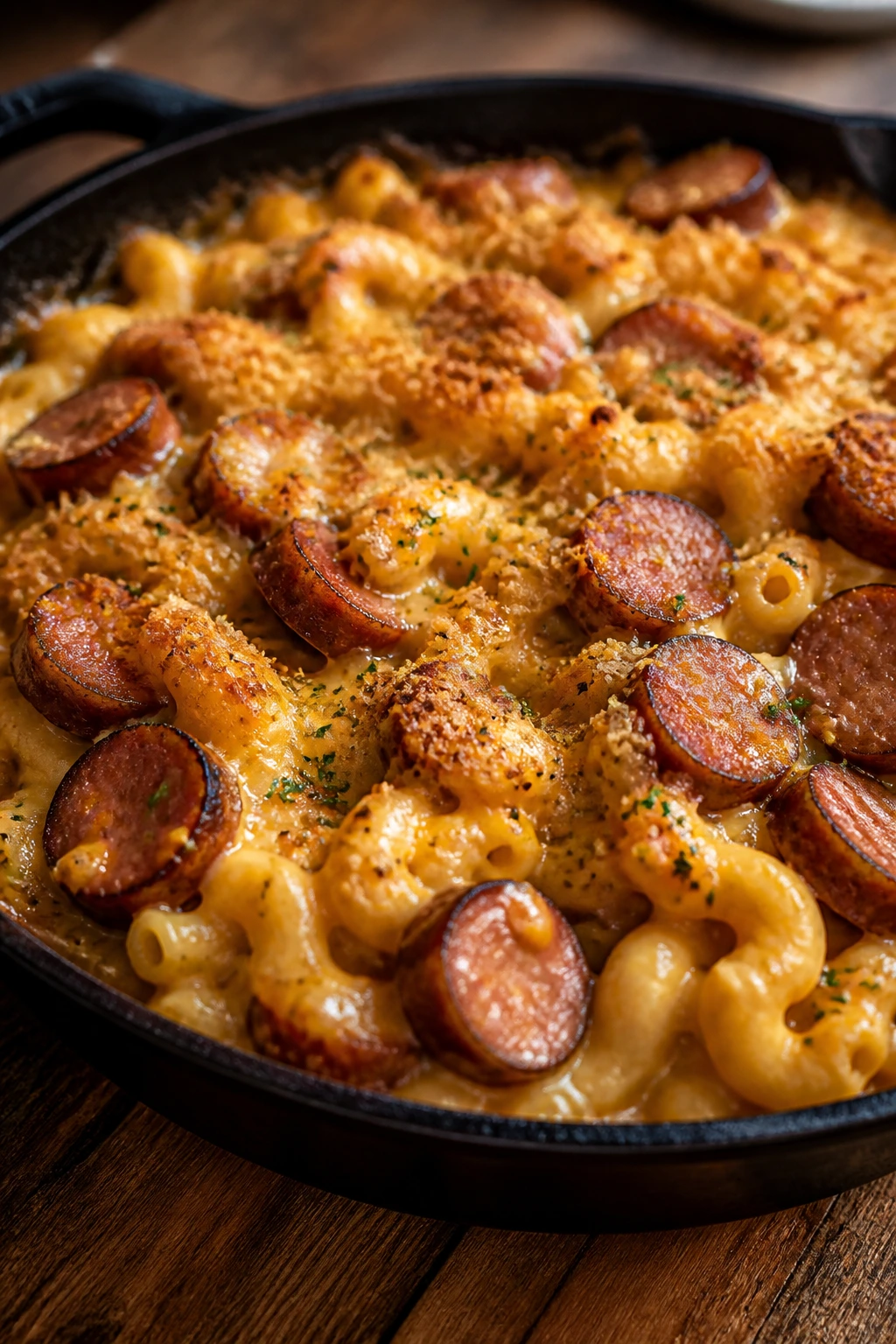Cast-iron skillet of smoky sausage mac and cheese