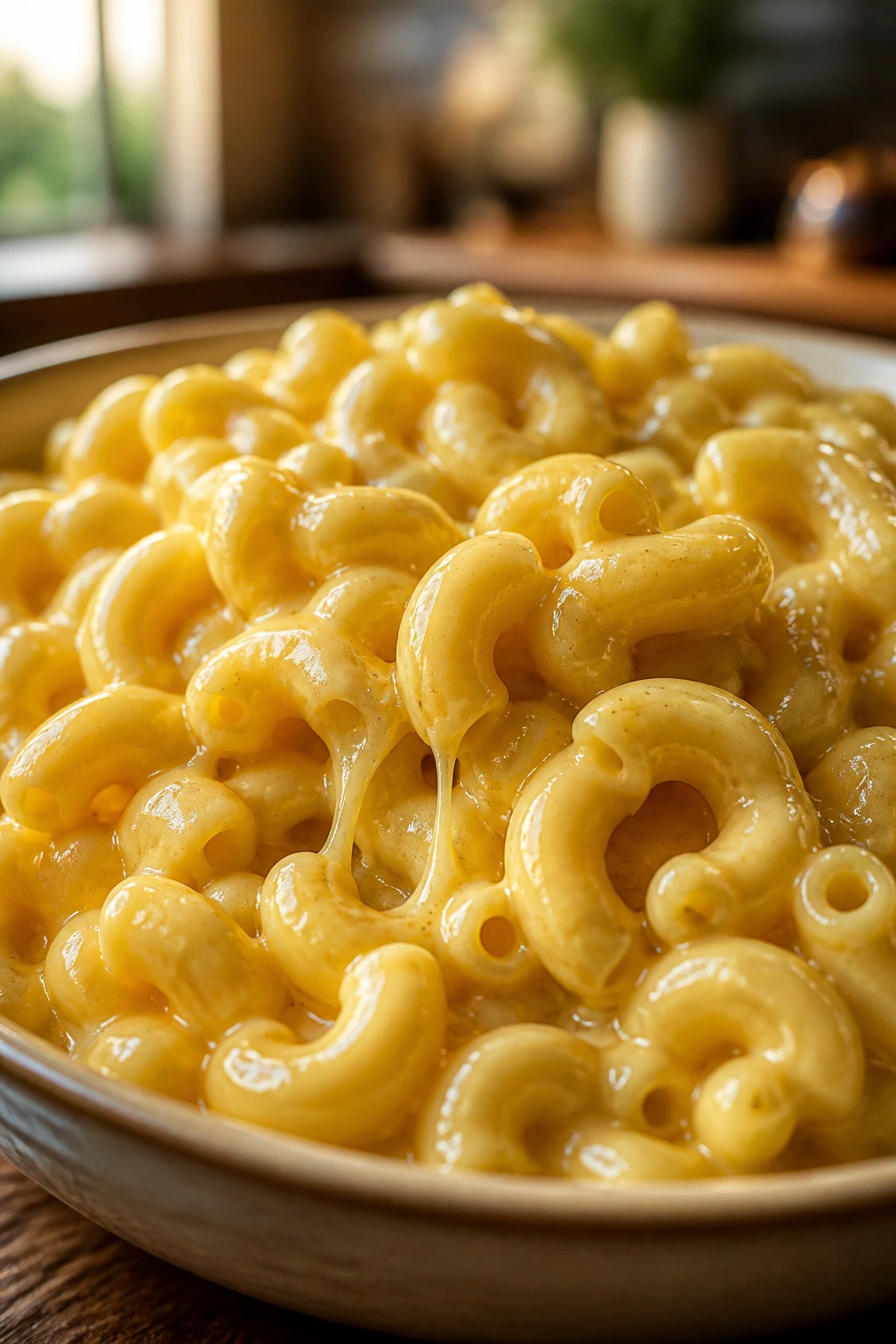 Creamy macaroni and cheese in a bowl with glossy cheese
