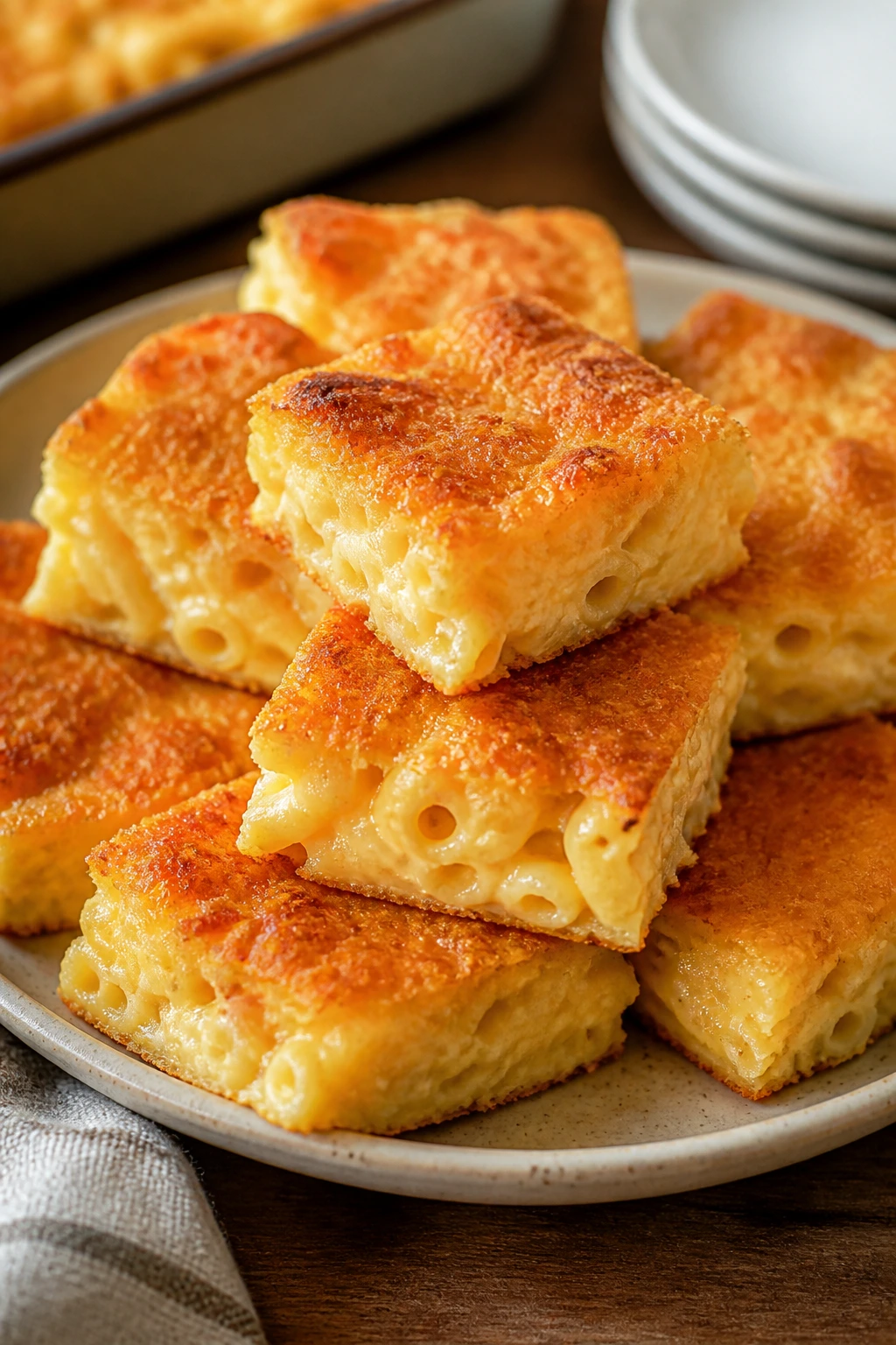 Golden mac and cheese squares on plate