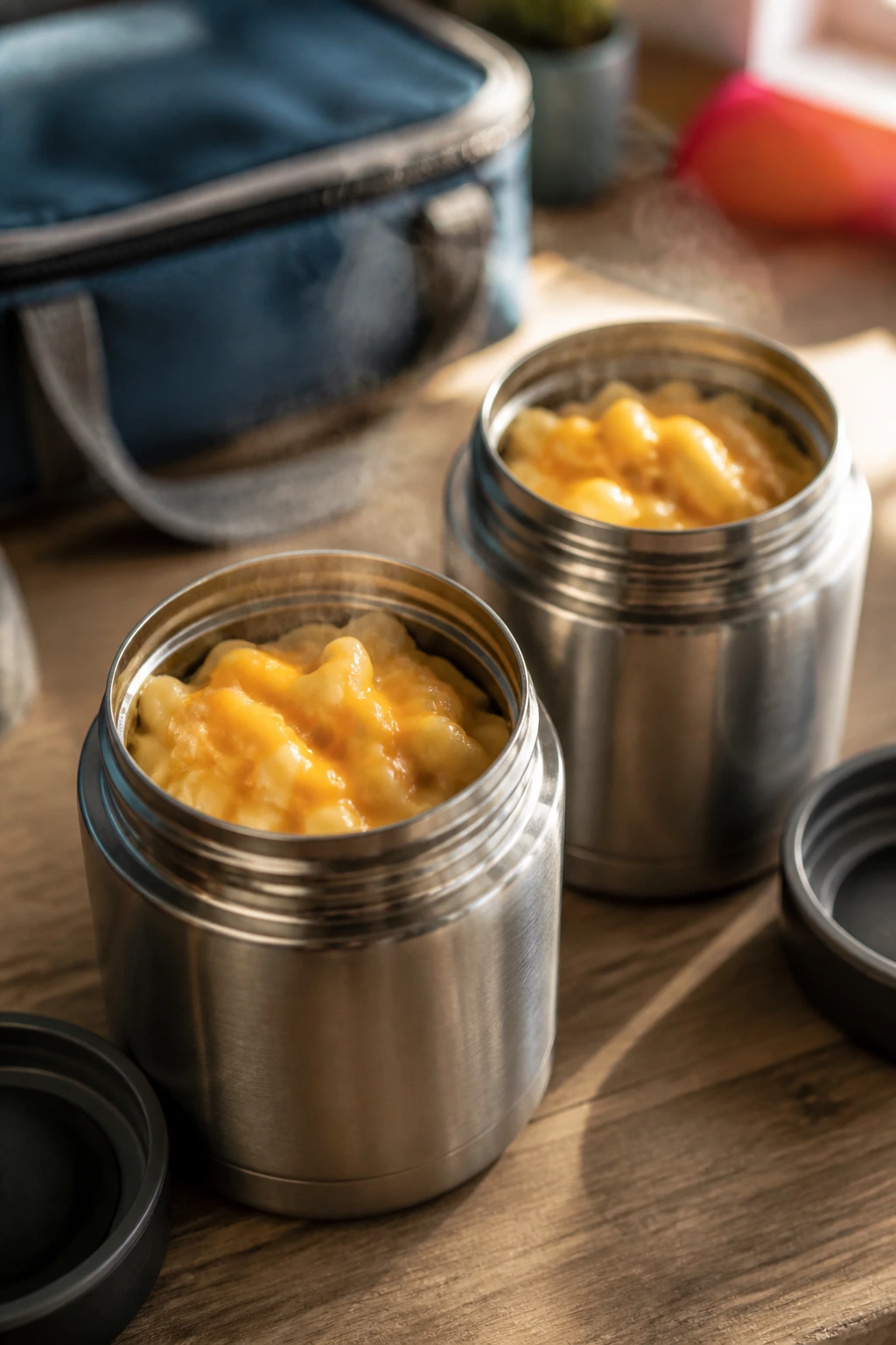 Two thermos cups filled with creamy mac and cheese for lunchboxes
