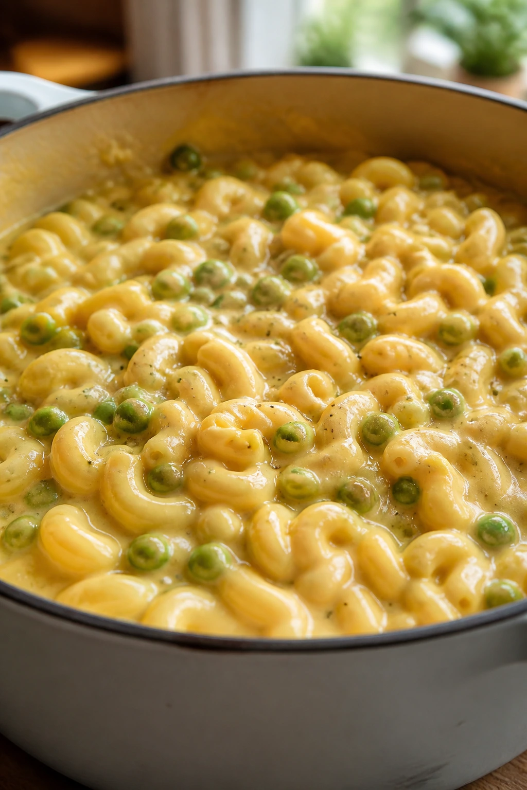 Close-up of creamy mac and peas in a cozy kitchen