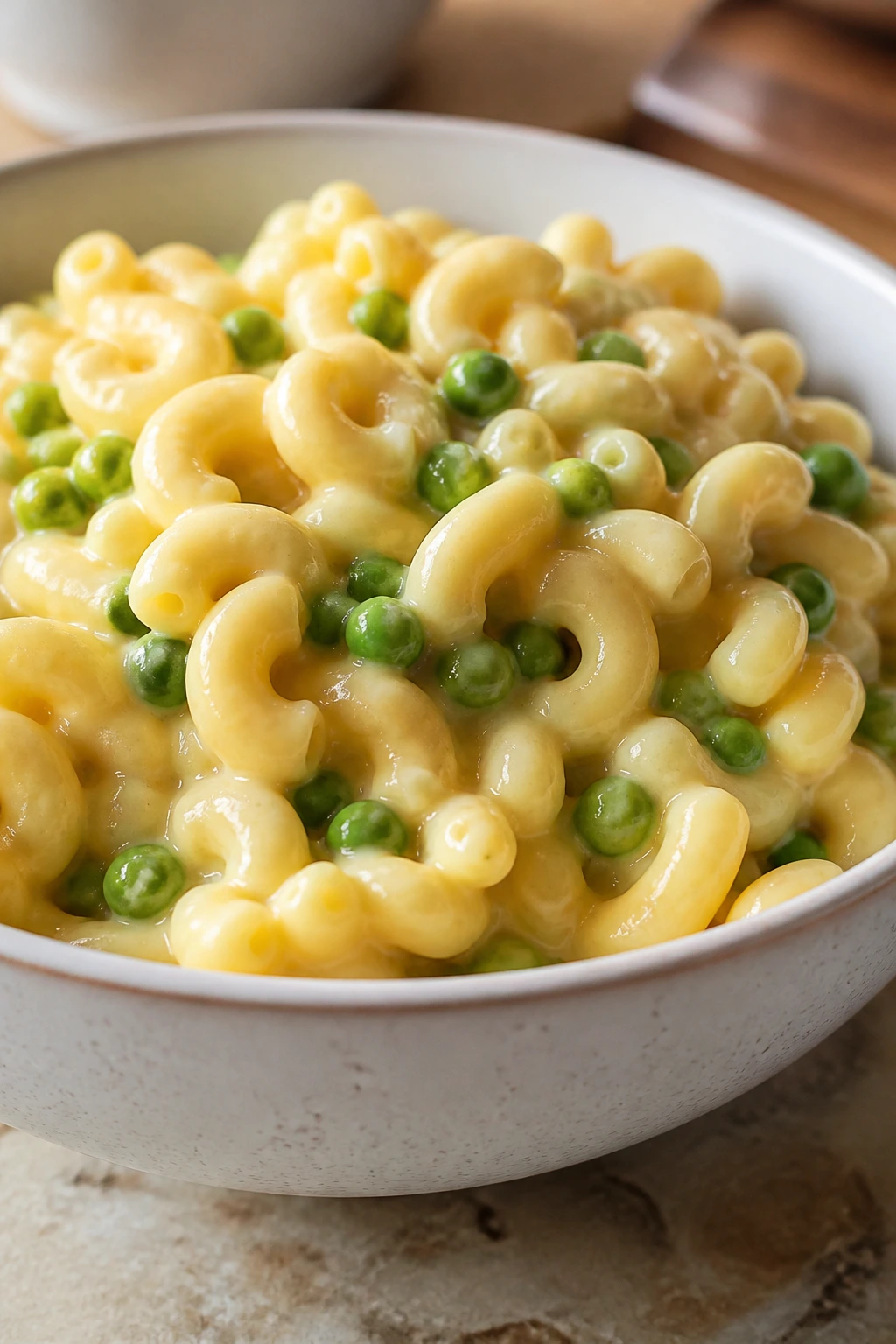 Creamy macaroni and cheese with peas in a shallow bowl on a kitchen counter.
