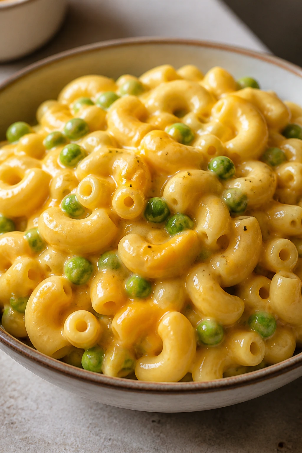 Creamy macaroni with peas and cheddar in a bowl on a kitchen counter