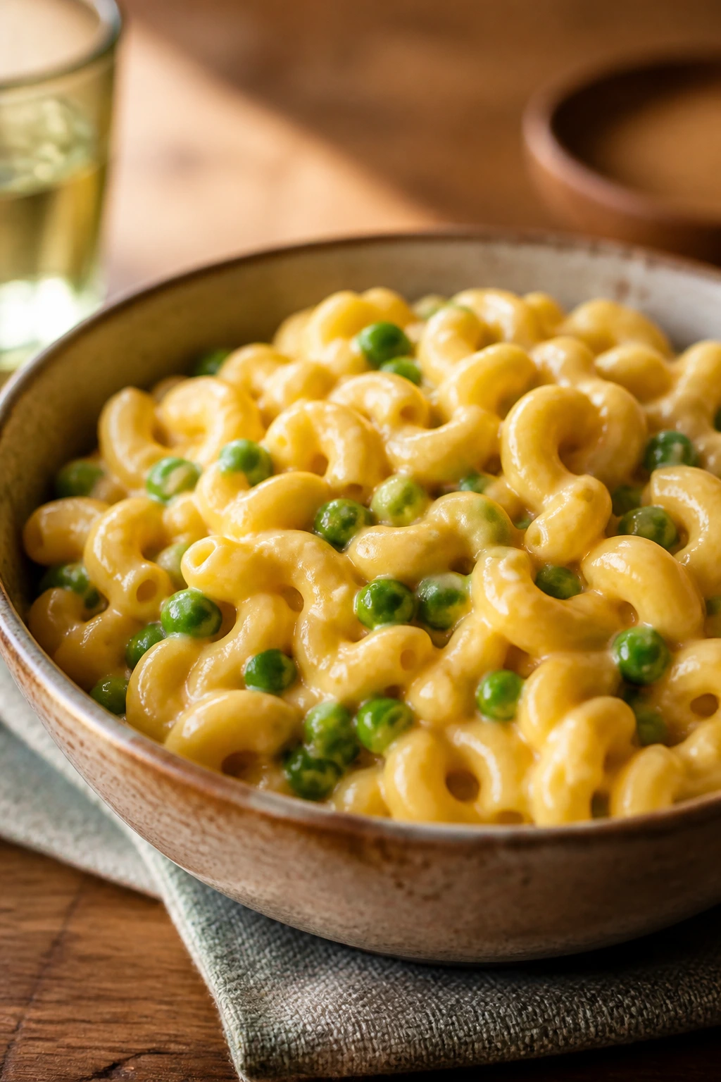 Creamy macaroni and cheese with peas in a bowl.