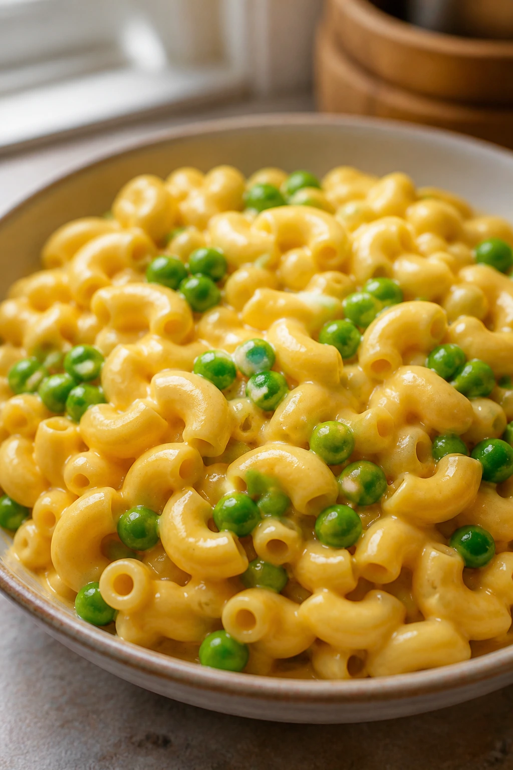 Creamy macaroni and cheese with peas in a bowl