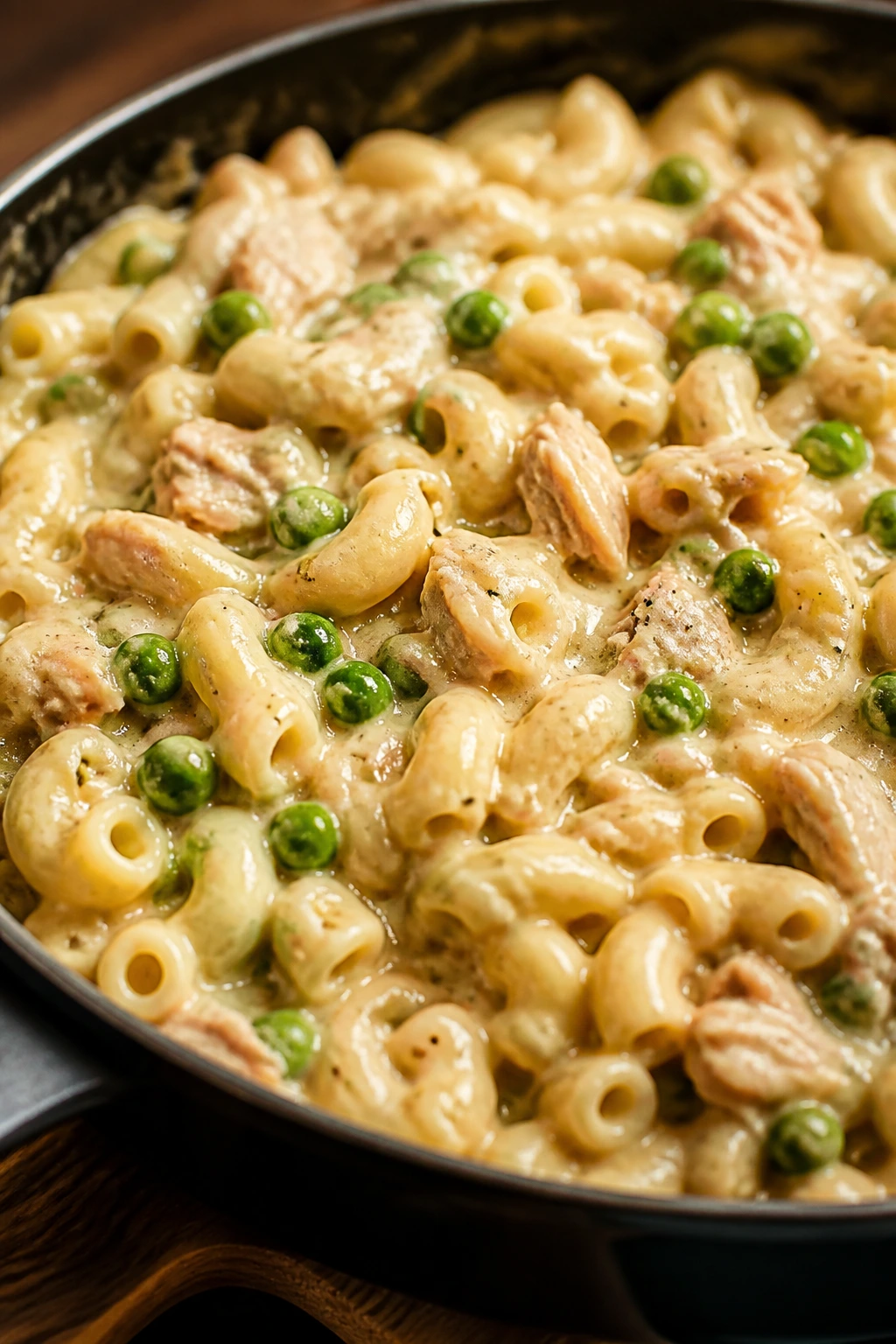 Close-up of creamy macaroni with tuna and peas in a skillet