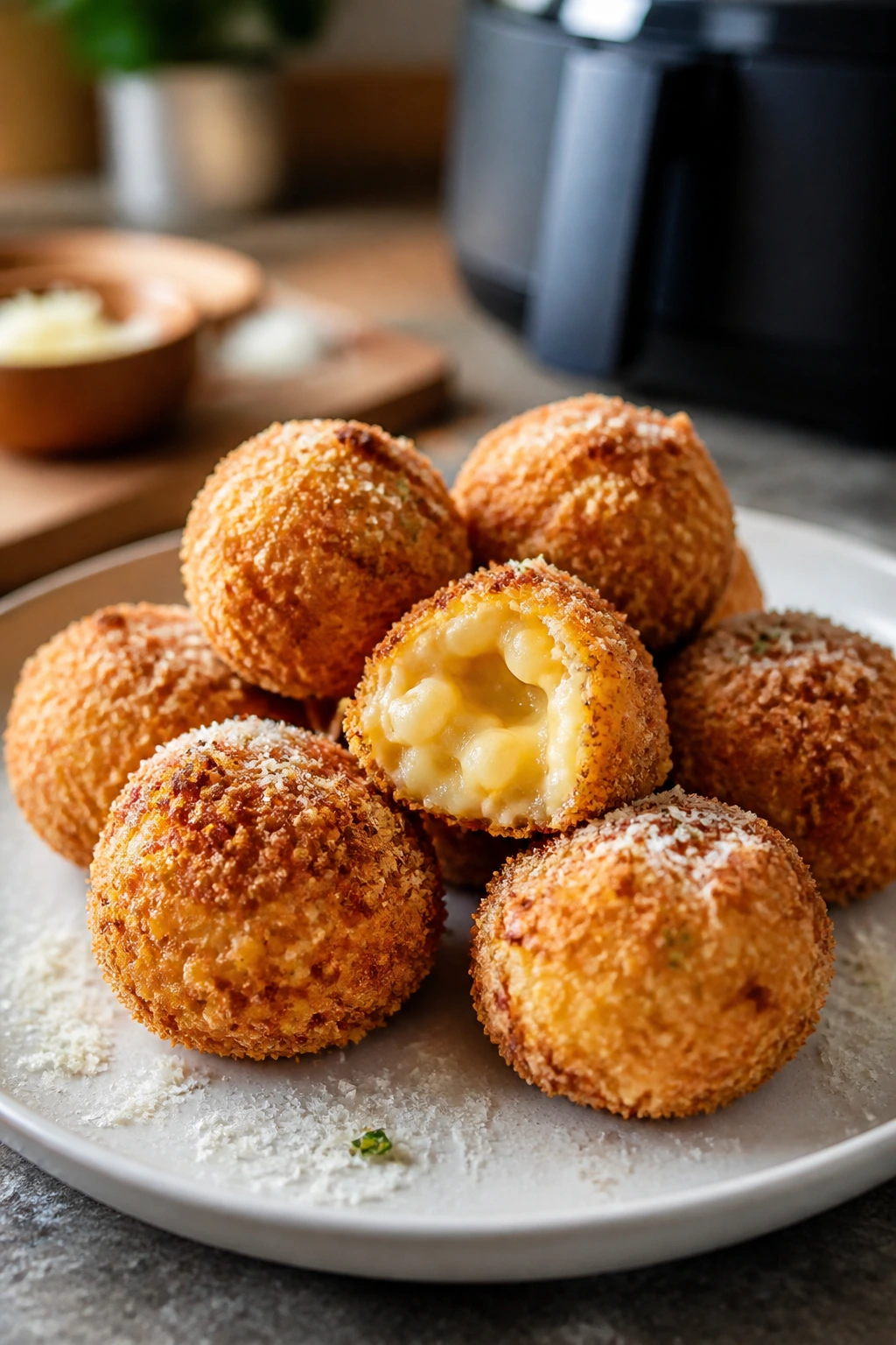 Close-up of crispy mac and cheese balls on a plate in a warm kitchen
